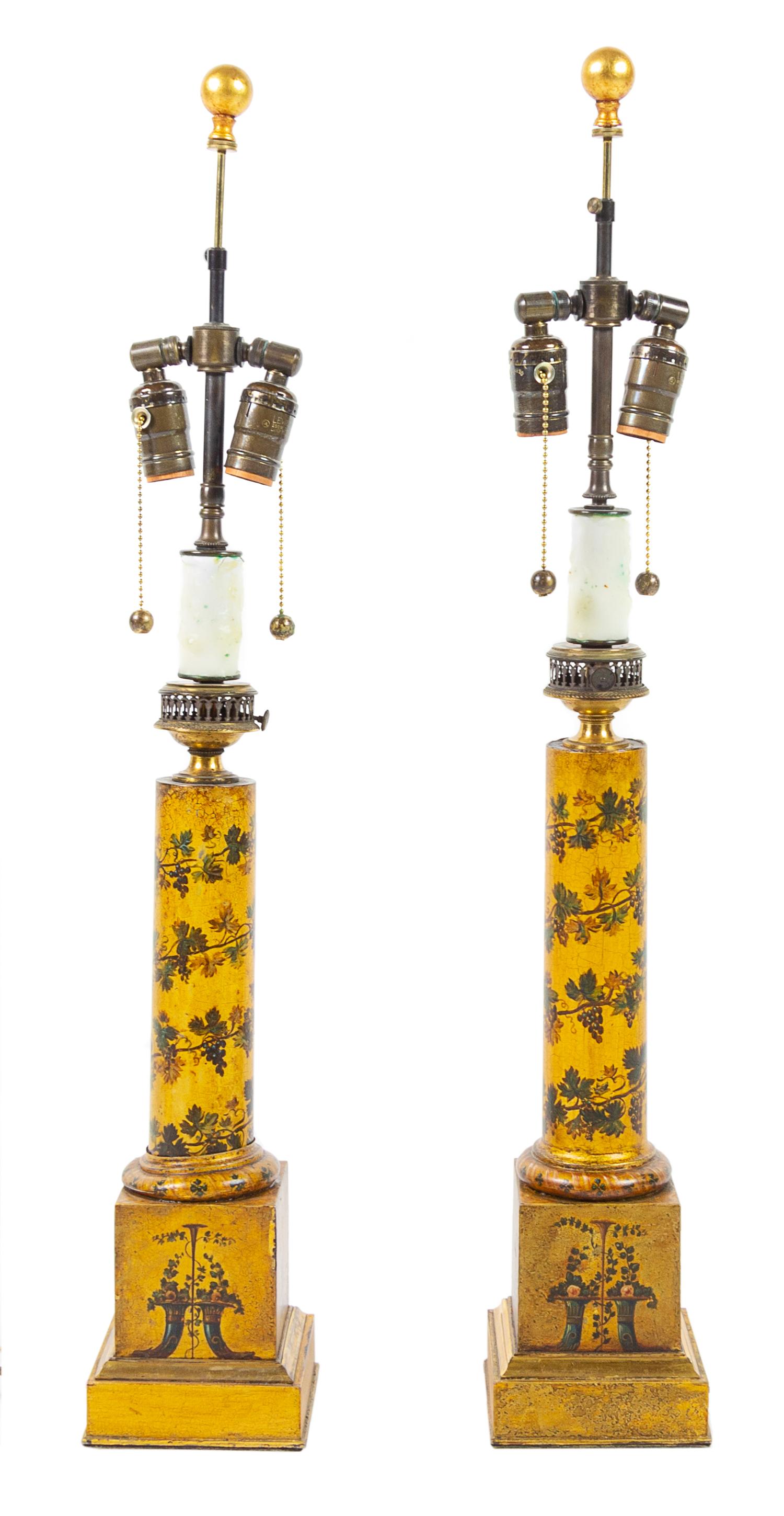 A Pair of Continental Painted Tole Lamps Height overall 21 3/4 inches. — 19TH CENTURY