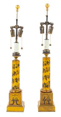 A Pair of Continental Painted Tole Lamps Height overall 21 3/4 inches. — 19TH CENTURY