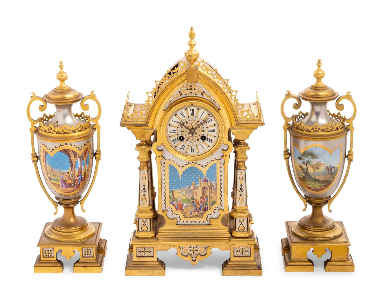 A French Gilt Bronze and Painted Porcelain Clock Garniture