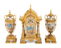 A French Gilt Bronze and Painted Porcelain Clock Garniture