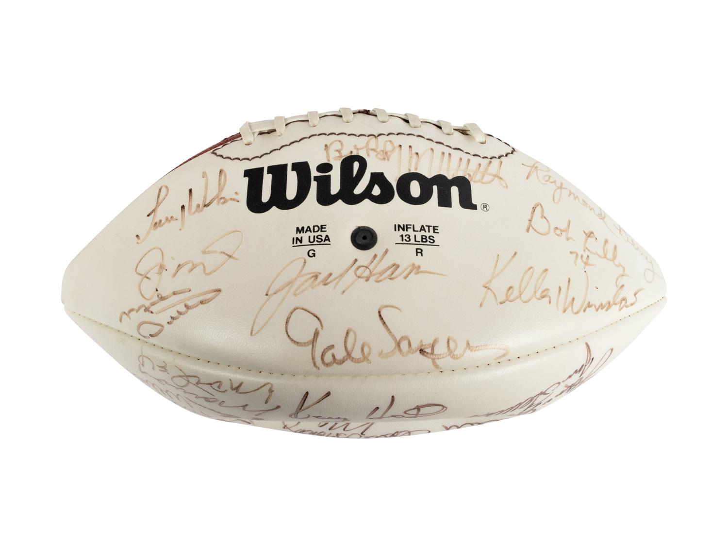 Mike Ditka’s Personally Owned NFL 75th Anniversary All Time Team Football Signed by Various Players Formerly Displayed at Mike Ditka's Restaurant