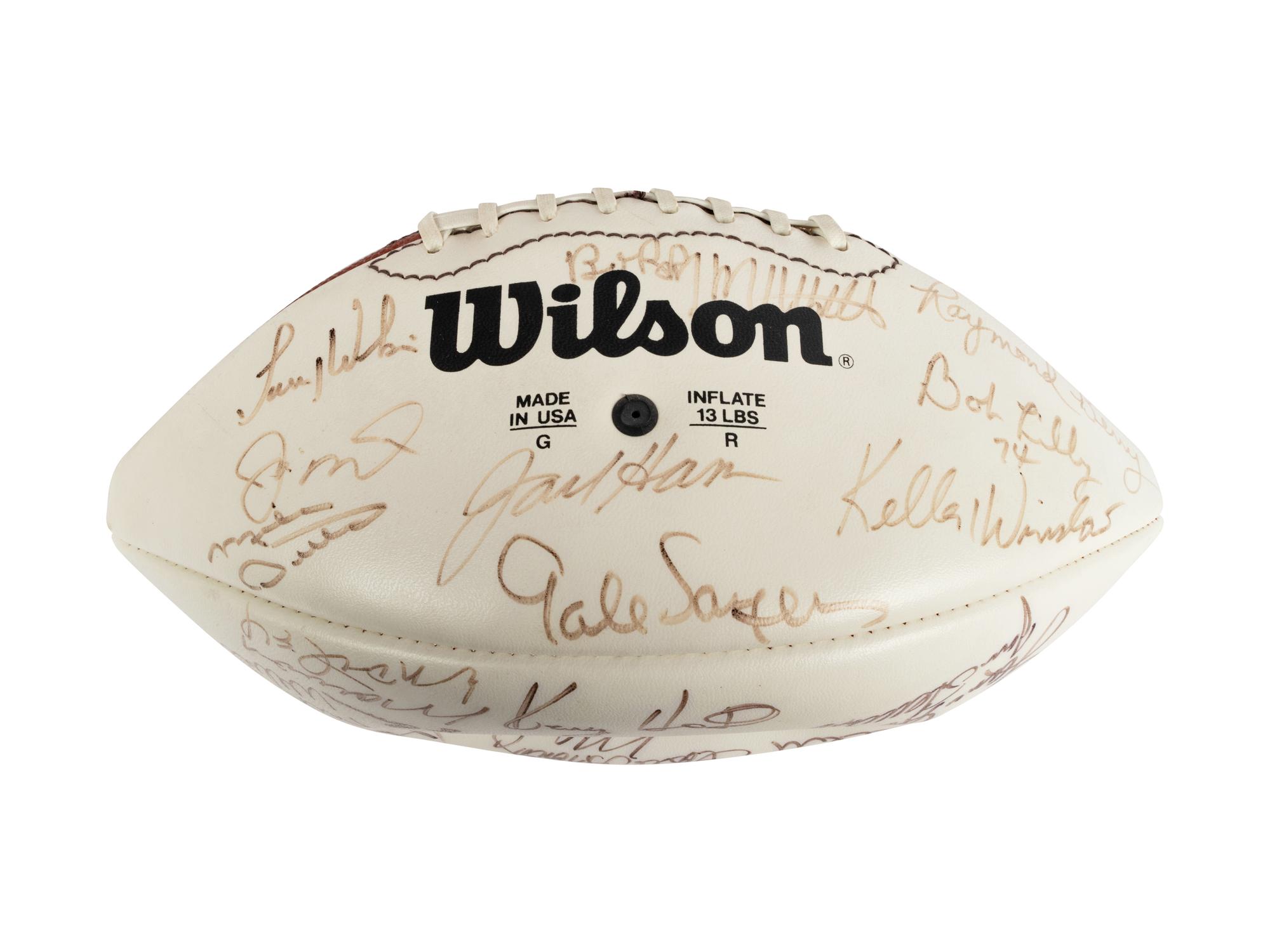 Mike Ditka’s Personally Owned NFL 75th Anniversary All Time Team Football Signed by Various Players Formerly Displayed at Mike Ditka's Restaurant