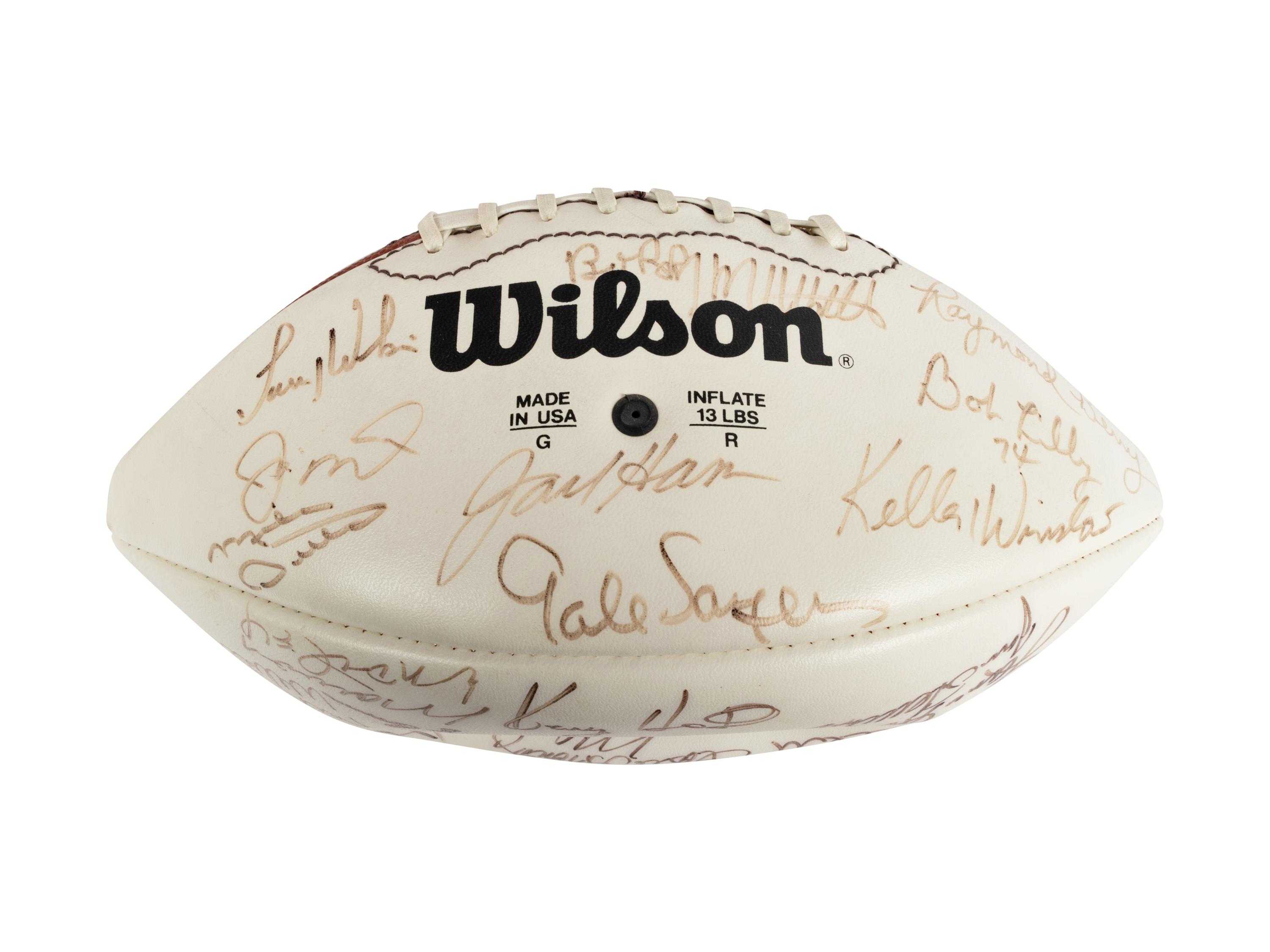 Mike Ditka’s Personally Owned NFL 75th Anniversary All Time Team Football Signed by Various Players Formerly Displayed at Mike Ditka's Restaurant