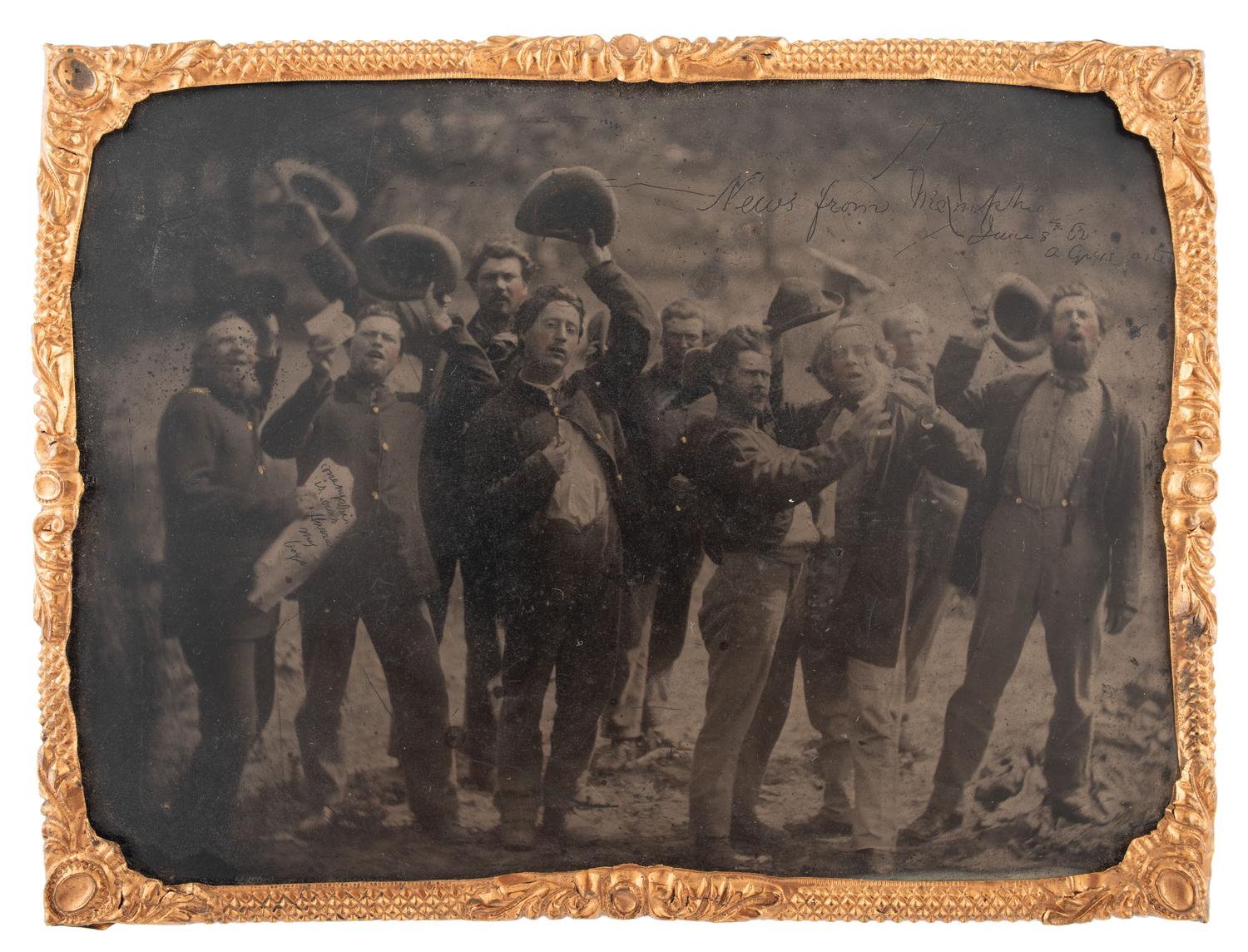 [CIVIL WAR]. Quarter plate tintype of group of soldiers celebrating Union victory at the First Battle of Memphis. N.p.: n.p., June 1862.