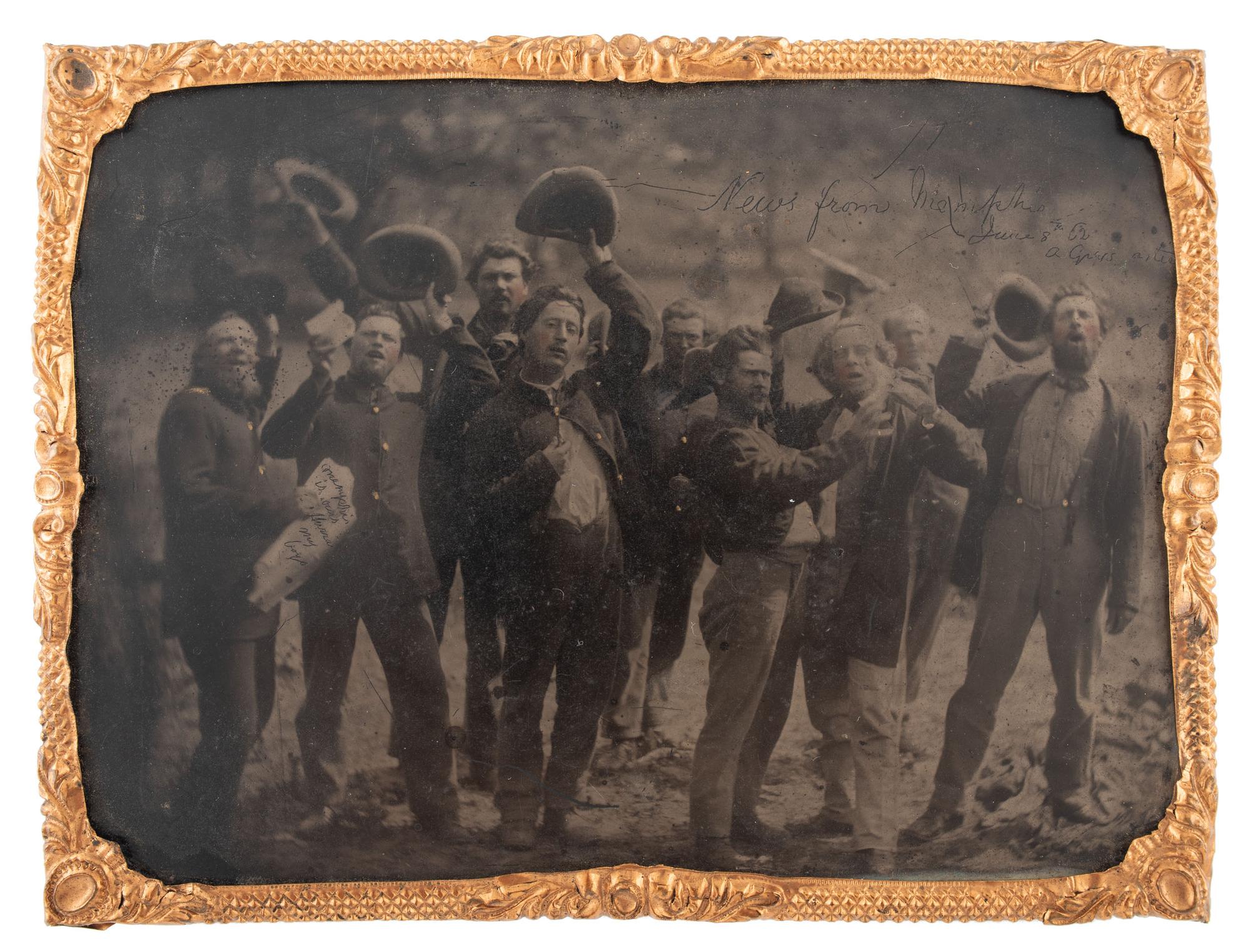 [CIVIL WAR]. Quarter plate tintype of group of soldiers celebrating Union victory at the First Battle of Memphis. N.p.: n.p., June 1862.