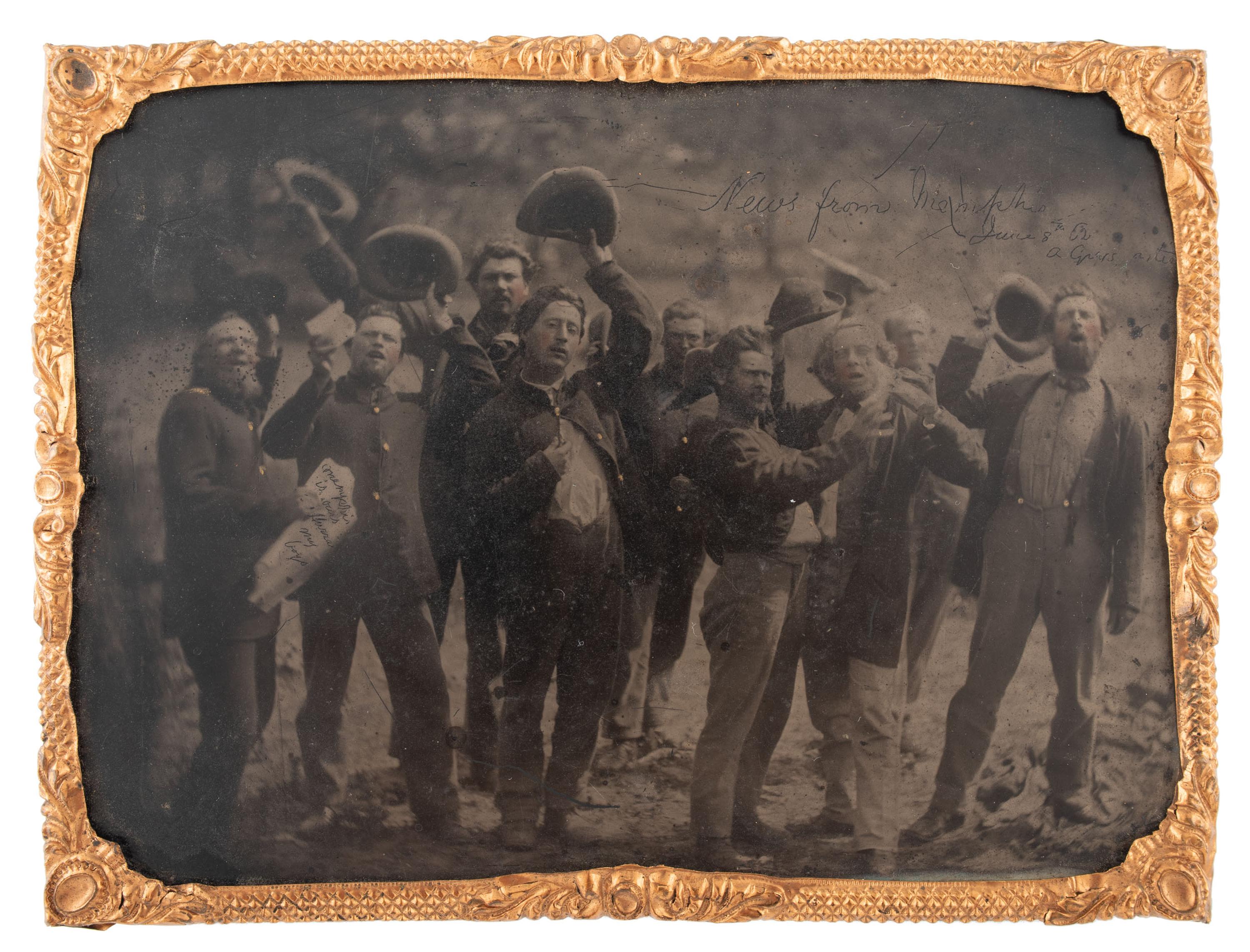 [CIVIL WAR]. Quarter plate tintype of group of soldiers celebrating Union victory at the First Battle of Memphis. N.p.: n.p., June 1862.