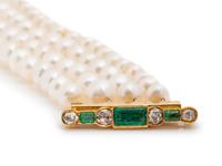 A Yellow Gold, Cultured Pearl, Emerald and Diamond Brooch/Necklace,