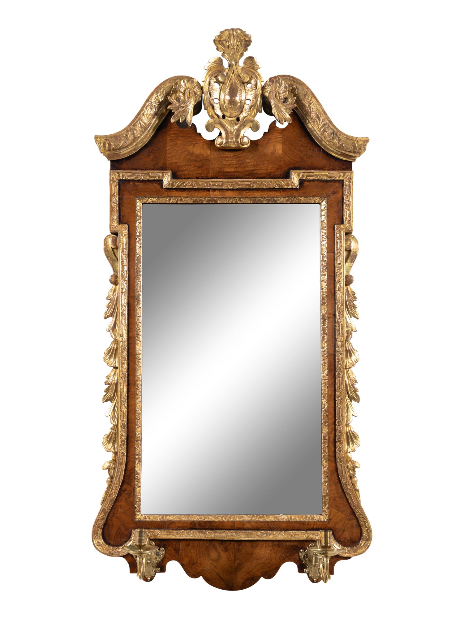 A George II Walnut and Parcel Gilt Girandole Mirror
