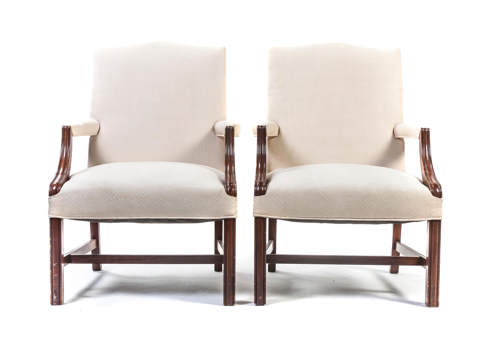 A Pair of George III Style Mahogany Library Chairs, Height 36 1/2 inches.