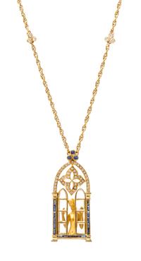 An 18 Karat Yellow Gold, Diamond, and Sapphire Window Gazer Pendant, Carrera y Carrera, 12.50 dwts.