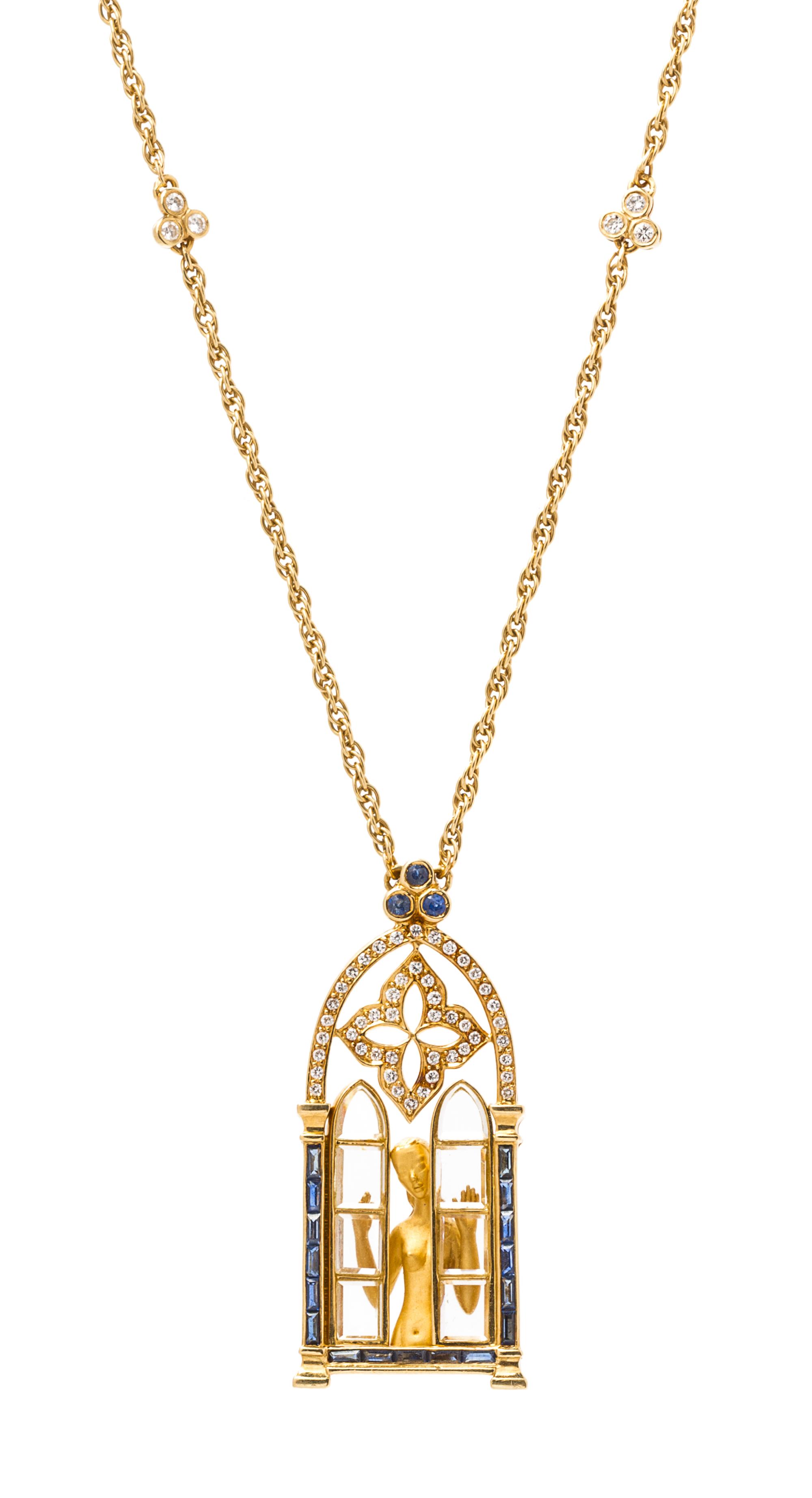 An 18 Karat Yellow Gold, Diamond, and Sapphire Window Gazer Pendant, Carrera y Carrera, 12.50 dwts.