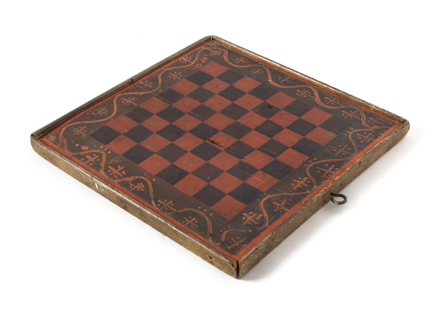 A Folk Art Painted Game Board Height 13 5/8 x width 14 3/8 x depth 2 inches. — MID-19TH CENTURY