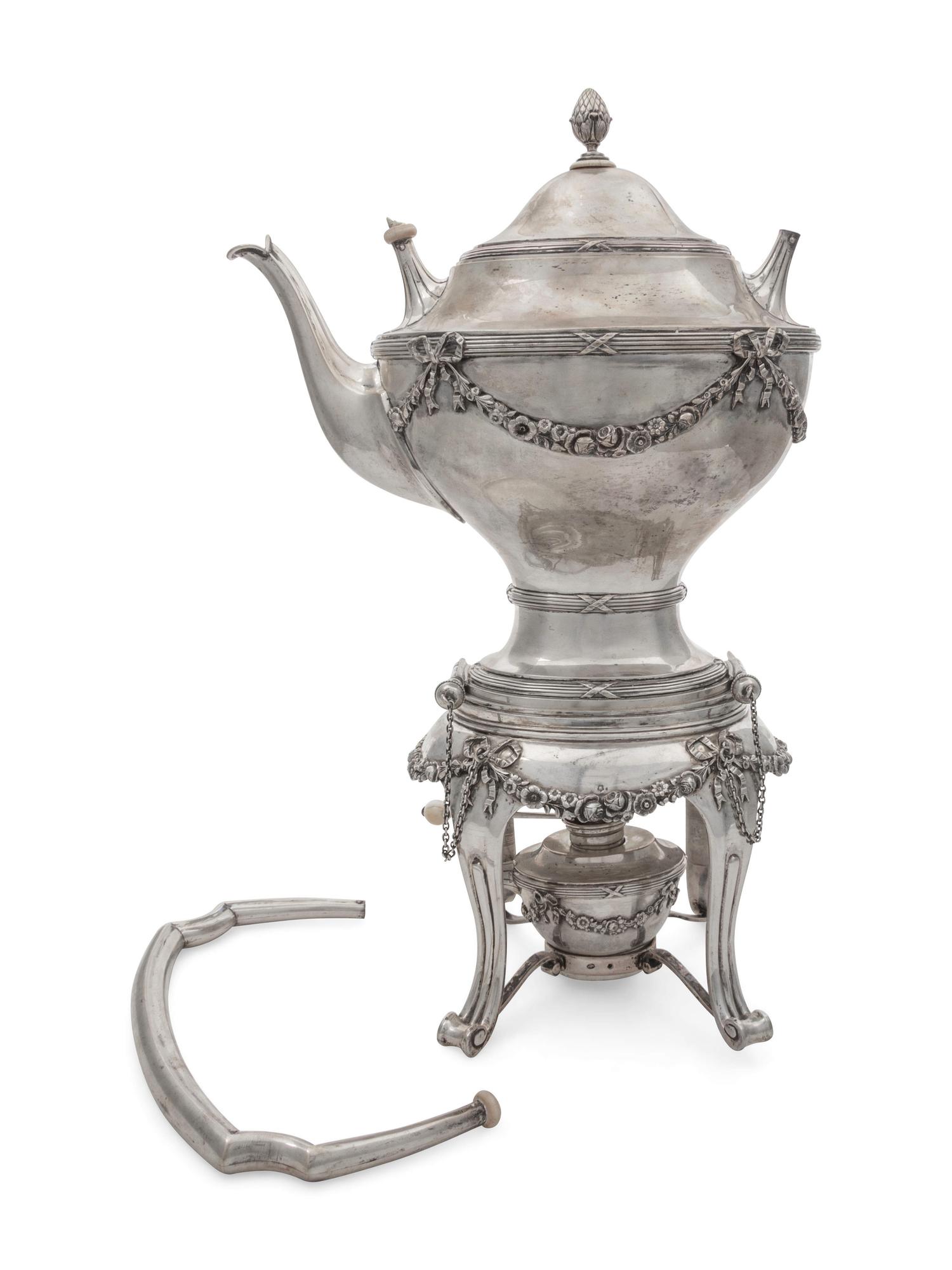 An Austrian Silver Tea Kettle on Lamp Stand