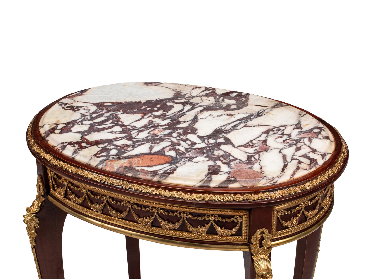 A Pair of Louis XV Style Gilt Bronze Mounted Marble-Top Side Tables