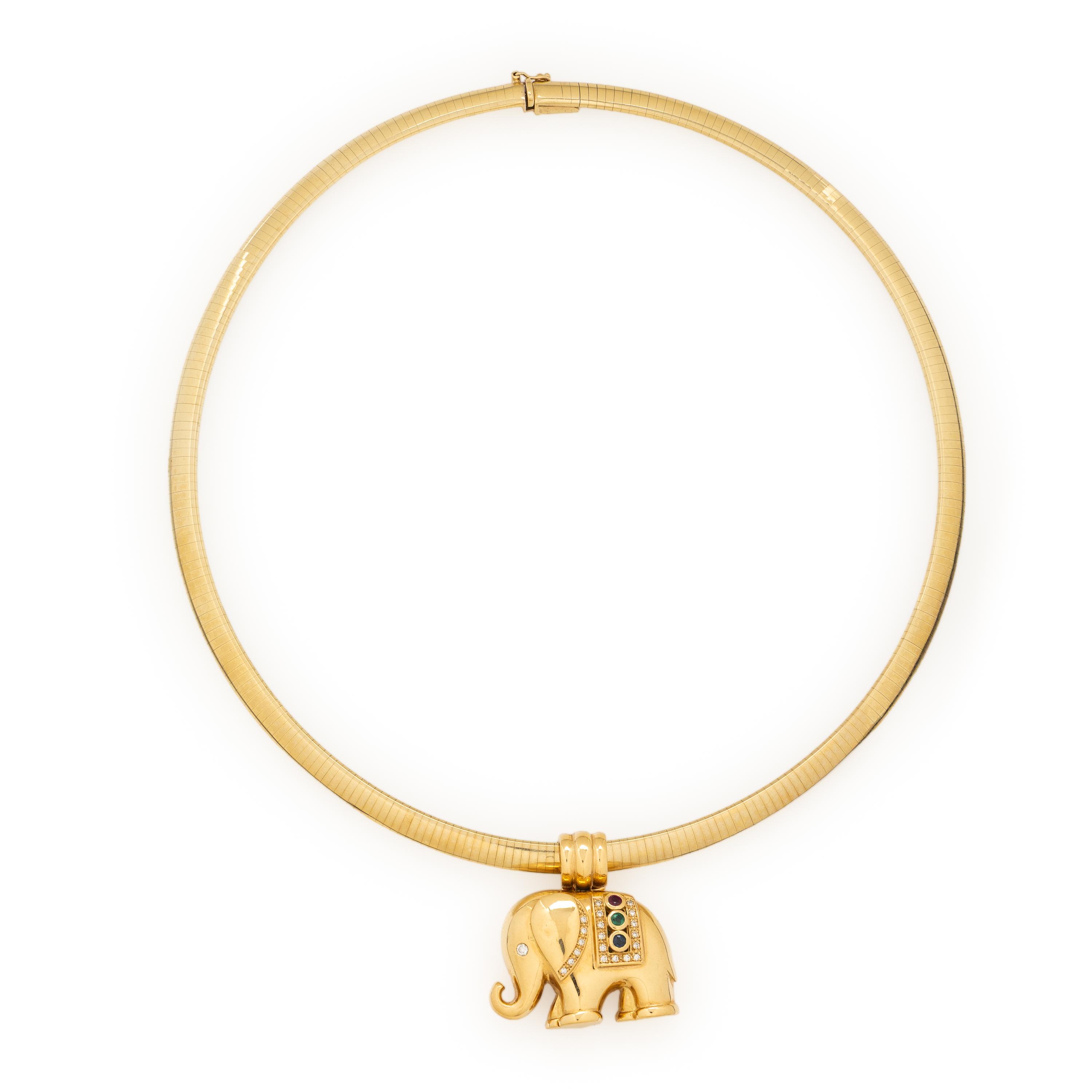 Yellow Gold and Multigem Elephant Pendant with Omega Chain