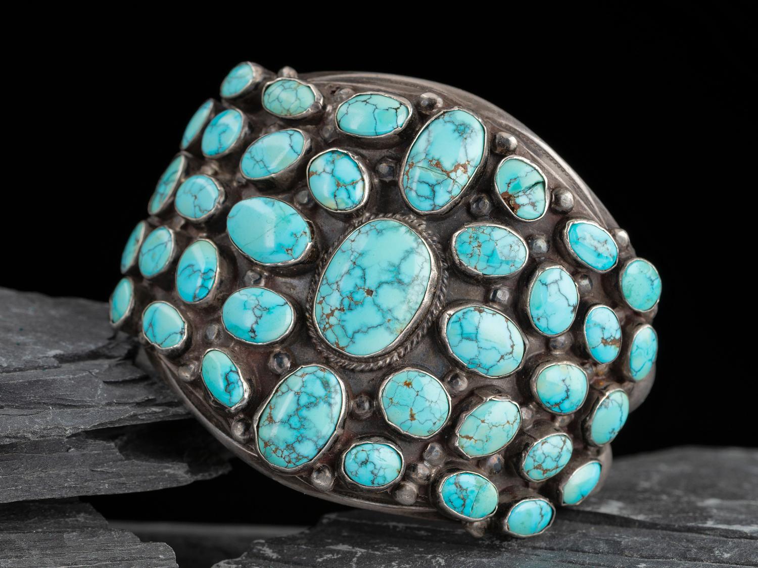Large Navajo Silver and Turquoise Cluster Cuff Bracelet