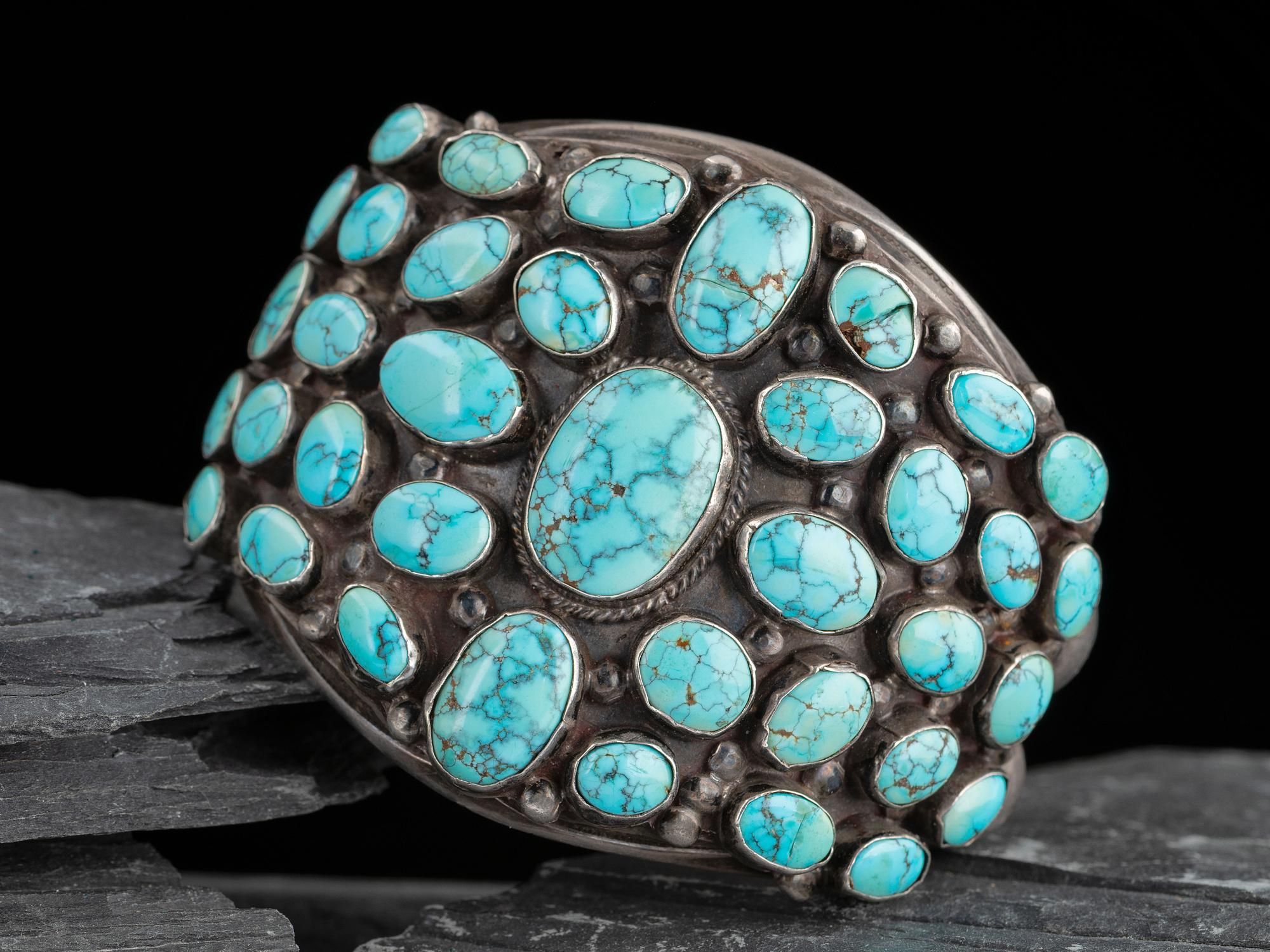 Large Navajo Silver and Turquoise Cluster Cuff Bracelet