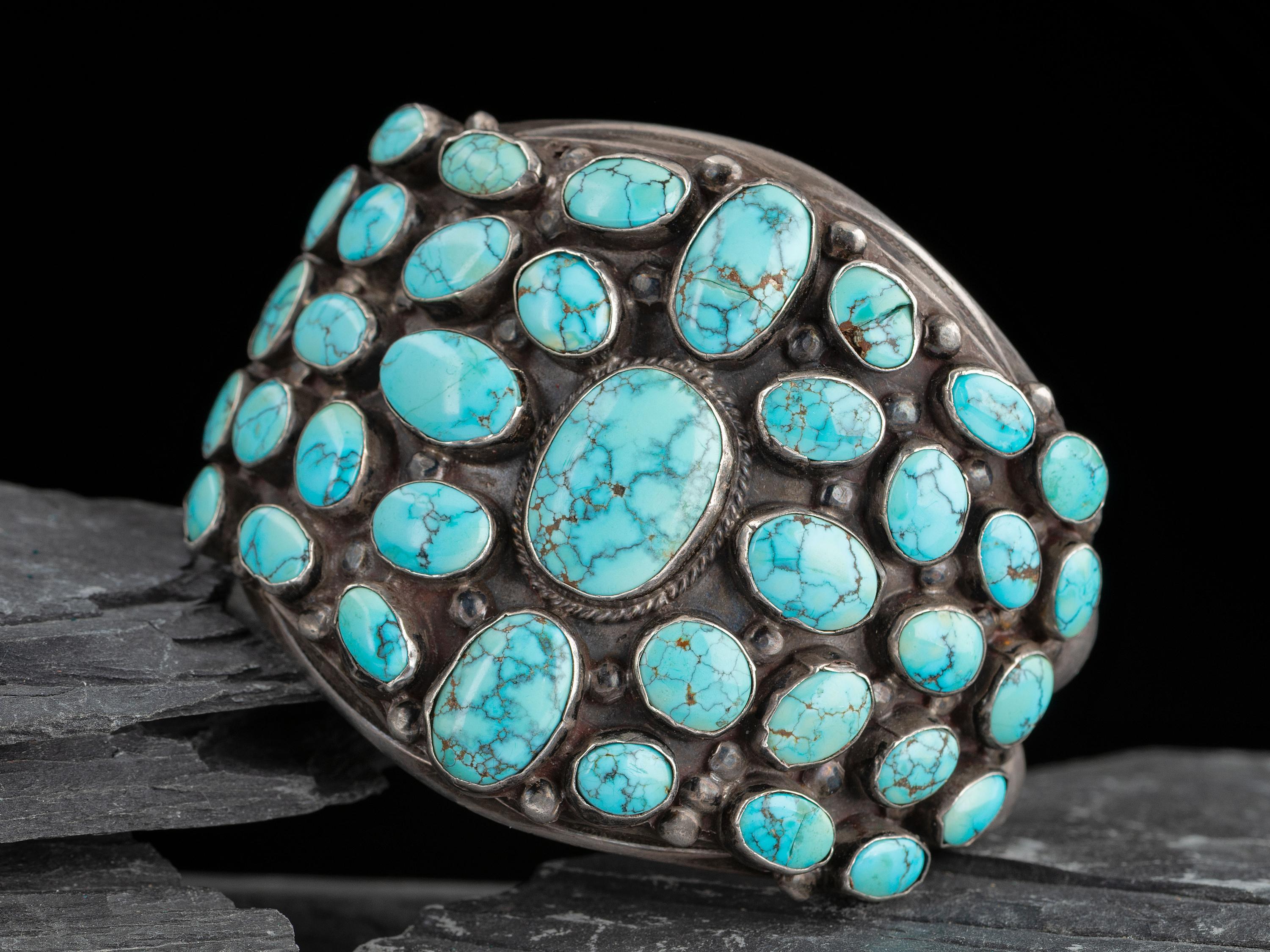 Large Navajo Silver and Turquoise Cluster Cuff Bracelet
