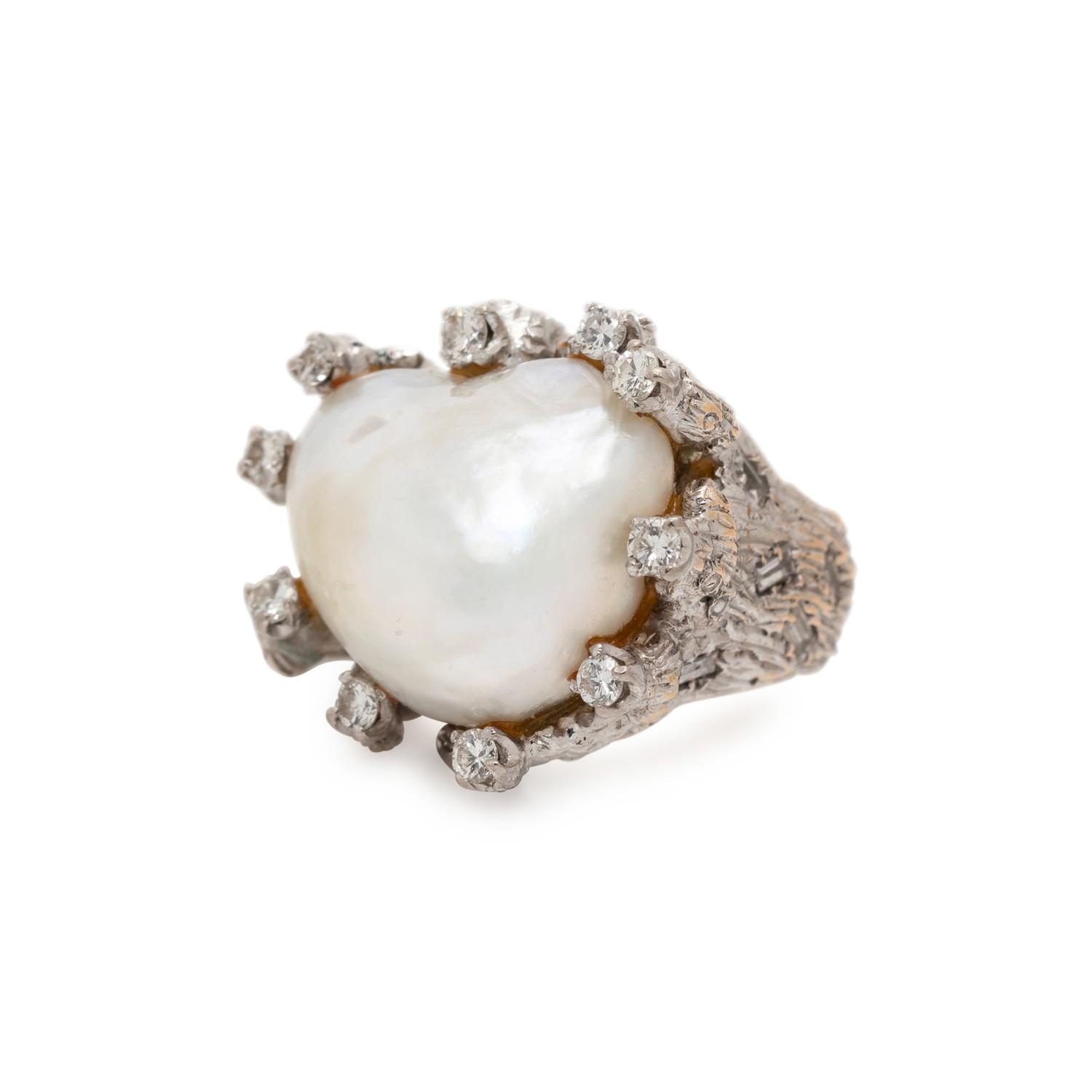 BRUTALIST, CULTURED BAROQUE PEARL AND DIAMOND RING
