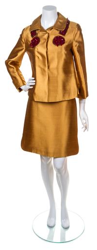 A Miu Miu Gold Silk Skirt Suit, Size 42.
