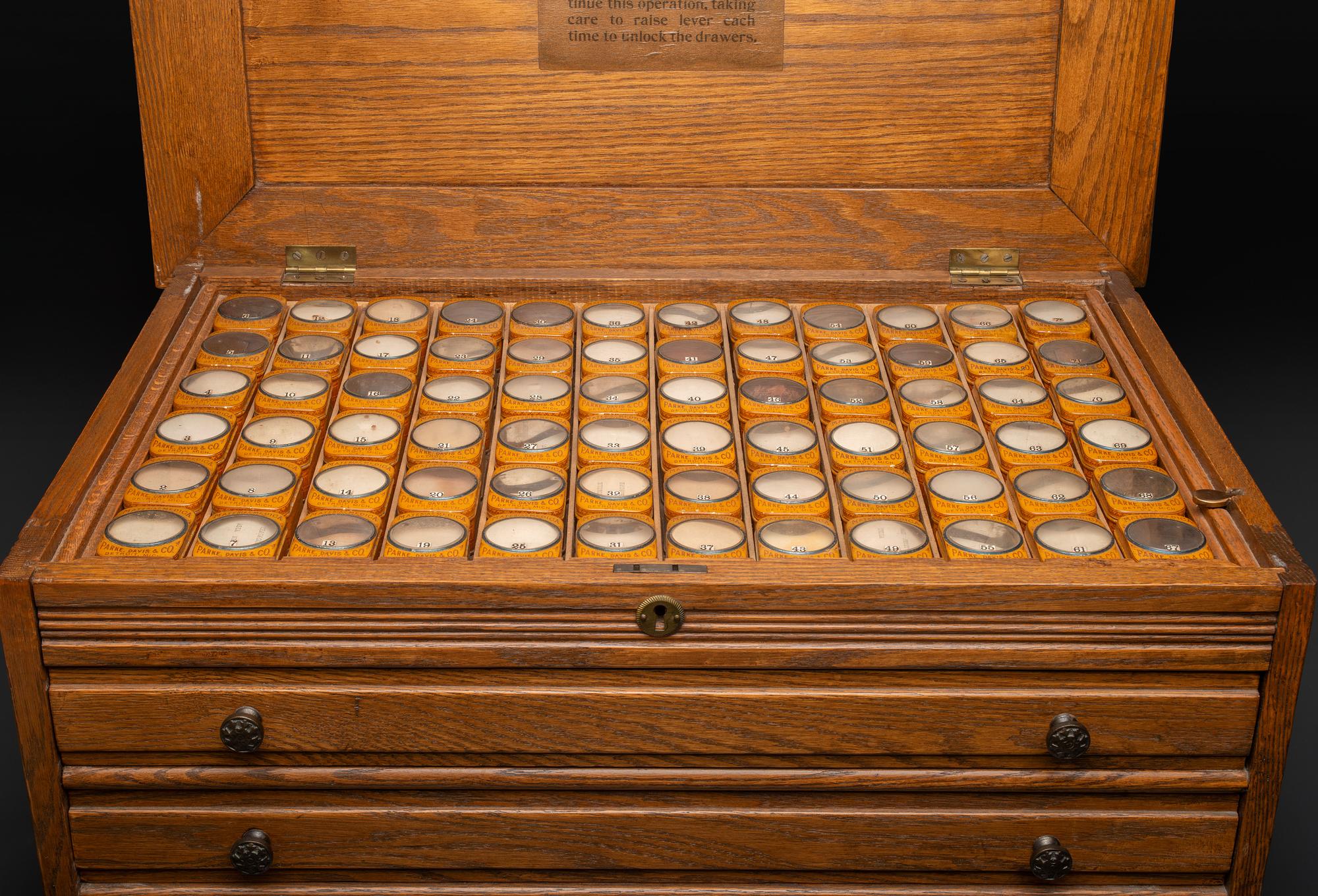 An Oak Three-Drawer Apothecary Cabinet with Specimen Tins