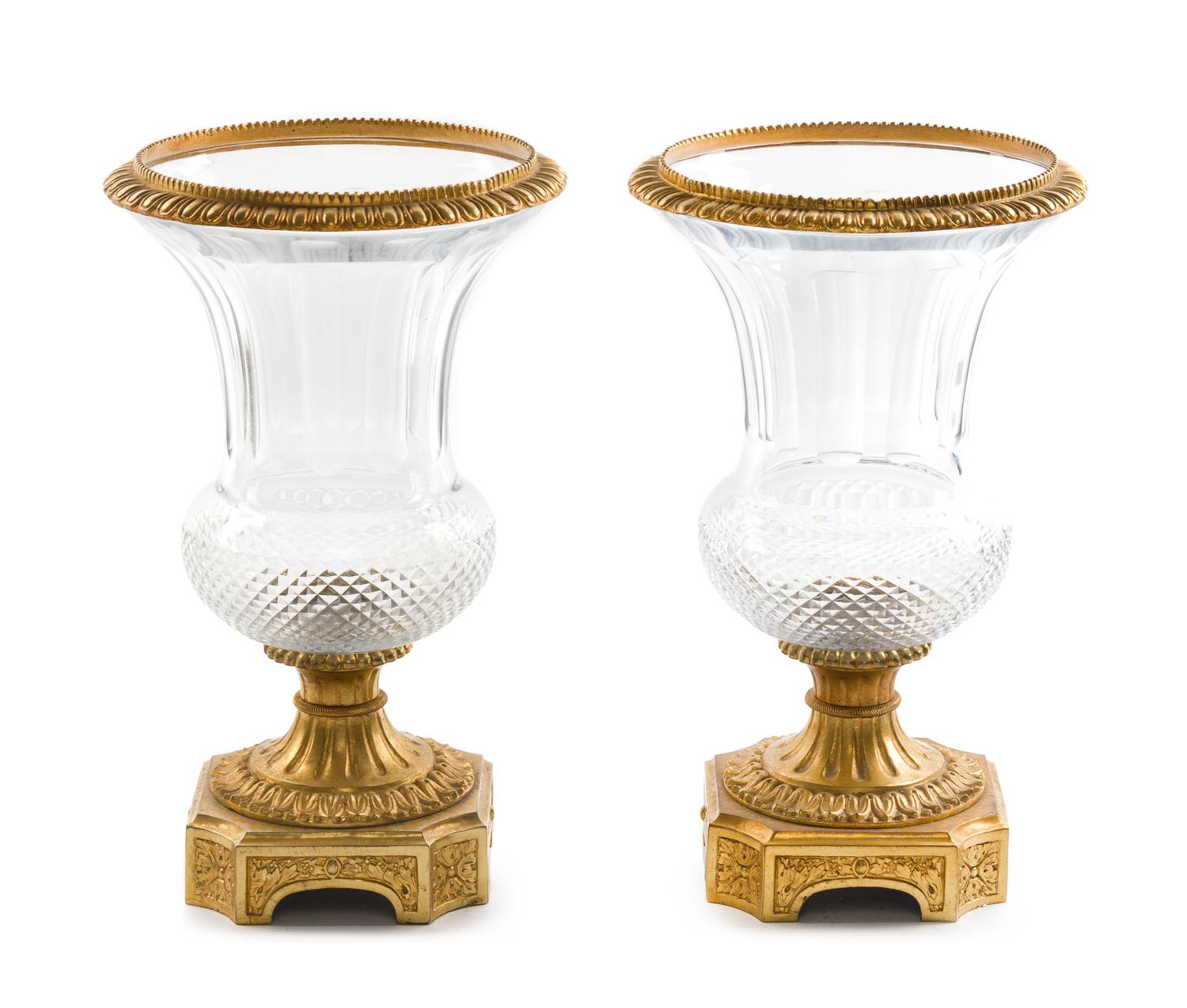A Pair of Gilt Bronze Mounted Cut Glass Urns Height 13 1/4 inches. — 20TH CENTURY