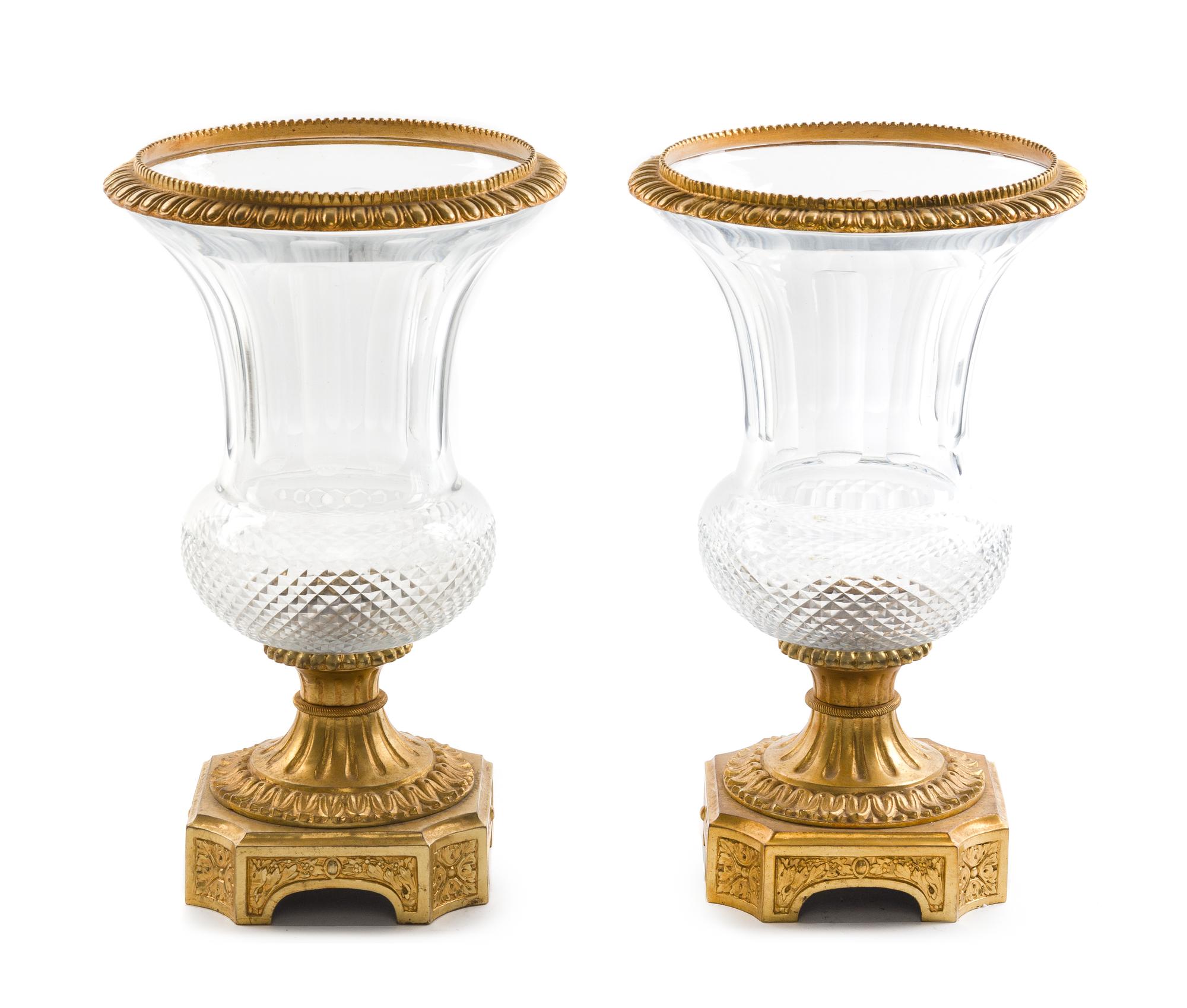 A Pair of Gilt Bronze Mounted Cut Glass Urns Height 13 1/4 inches. — 20TH CENTURY