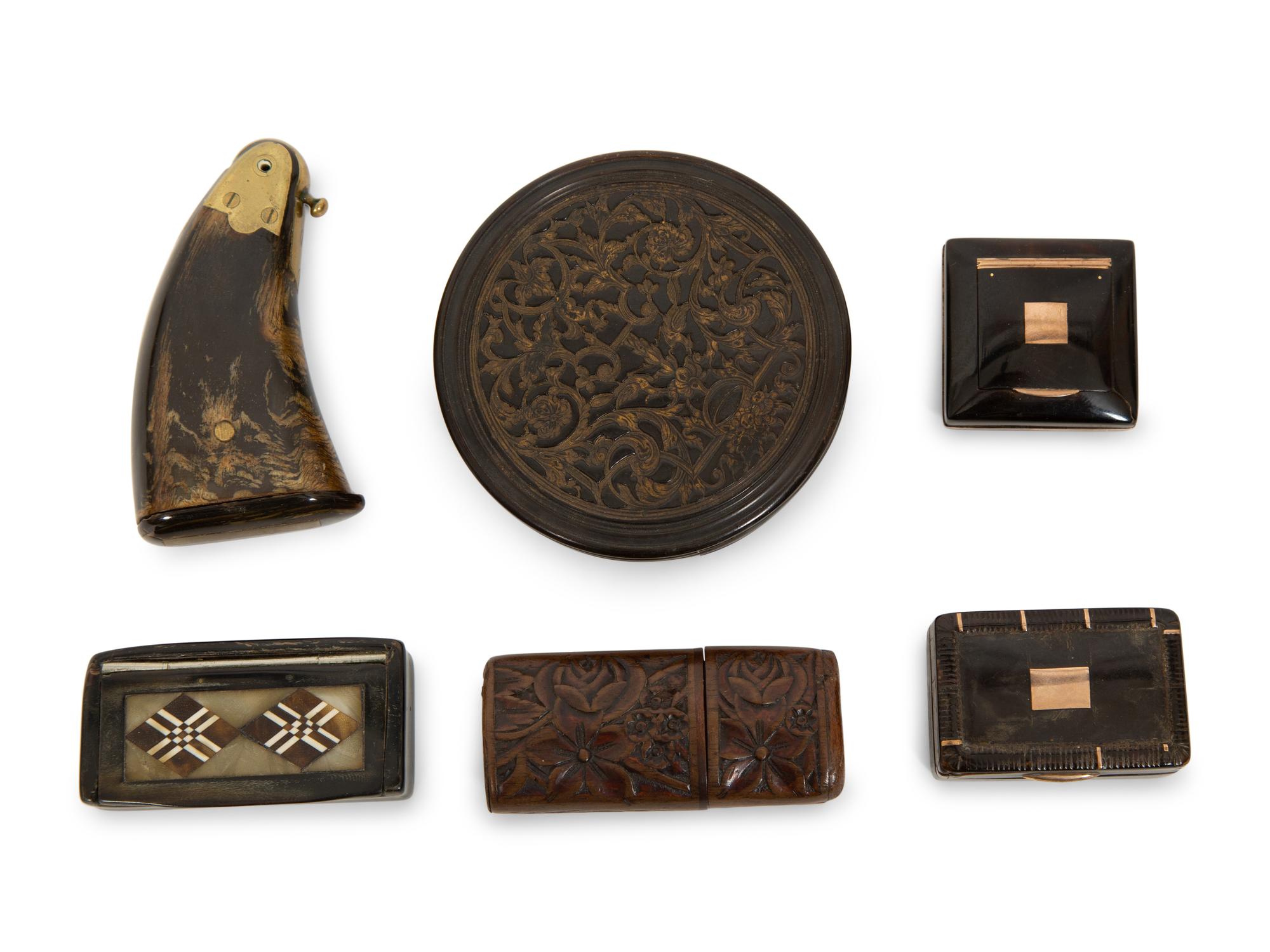 A Group of Six English Carved and Inlaid Horn Snuff Boxes and Cases