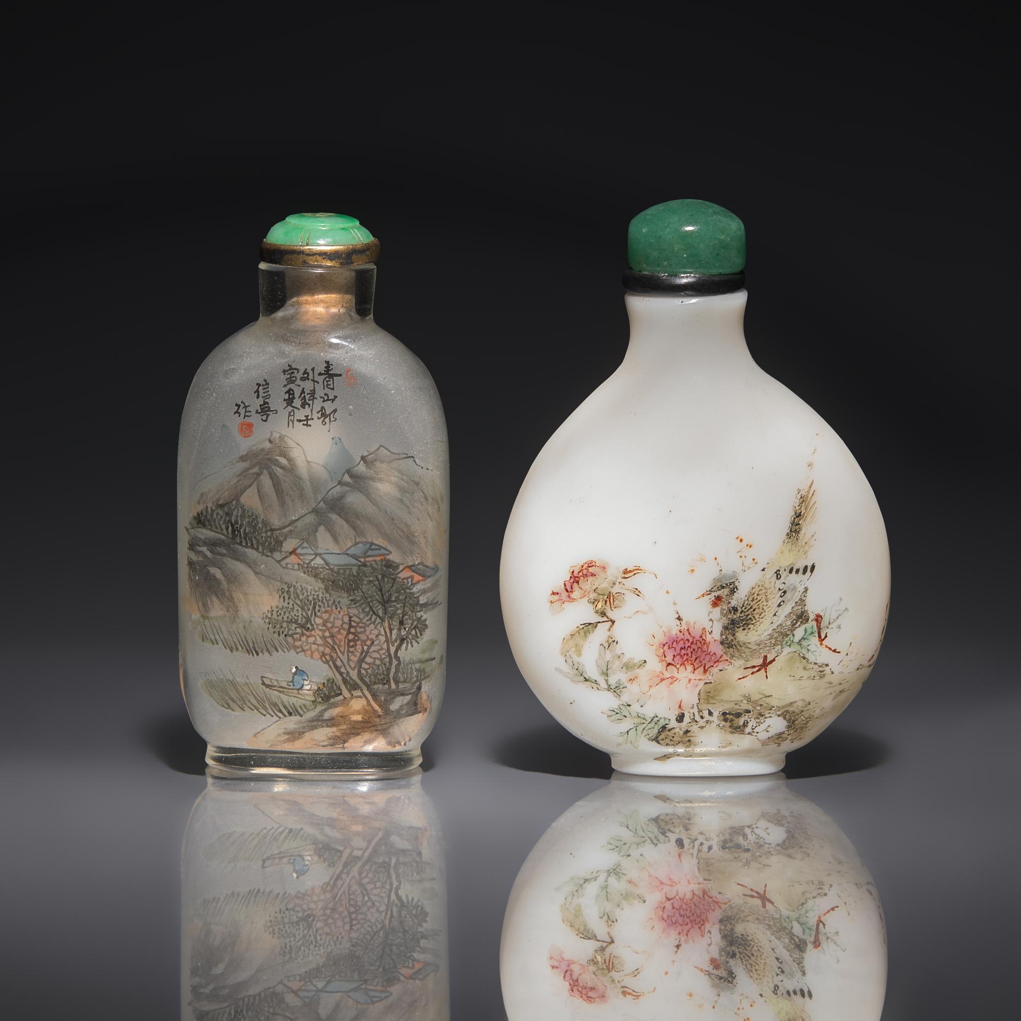 A Chinese Interior-Painted and an Enameled Glass Snuff Bottle, Qing Dynasty — 清 料器鼻烟壺兩支