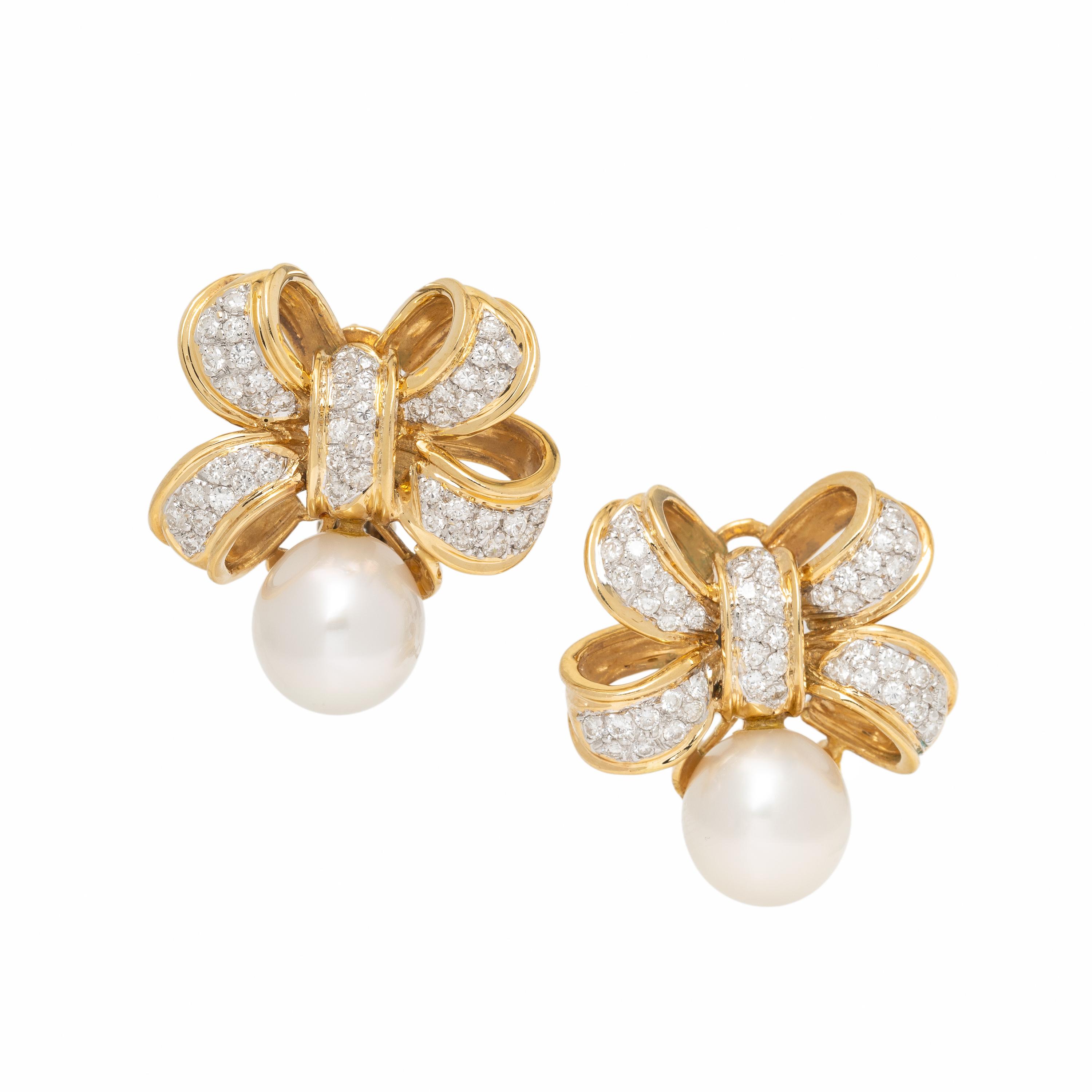 Cultured Pearl, Diamond, and Yellow Gold Bow Earrings