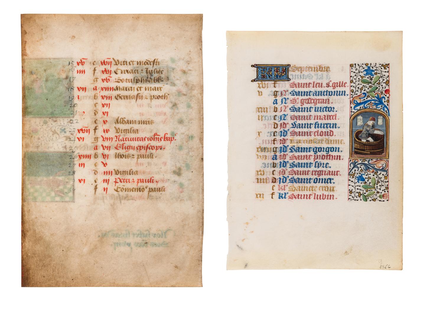 A pair of calendar leaves from the mid-fifteenth century, illuminated in Bruges and Paris with scenes of the Labors of the Month and Signs of the Zodiac.