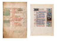 A pair of calendar leaves from the mid-fifteenth century, illuminated in Bruges and Paris with scenes of the Labors of the Month and Signs of the Zodiac.