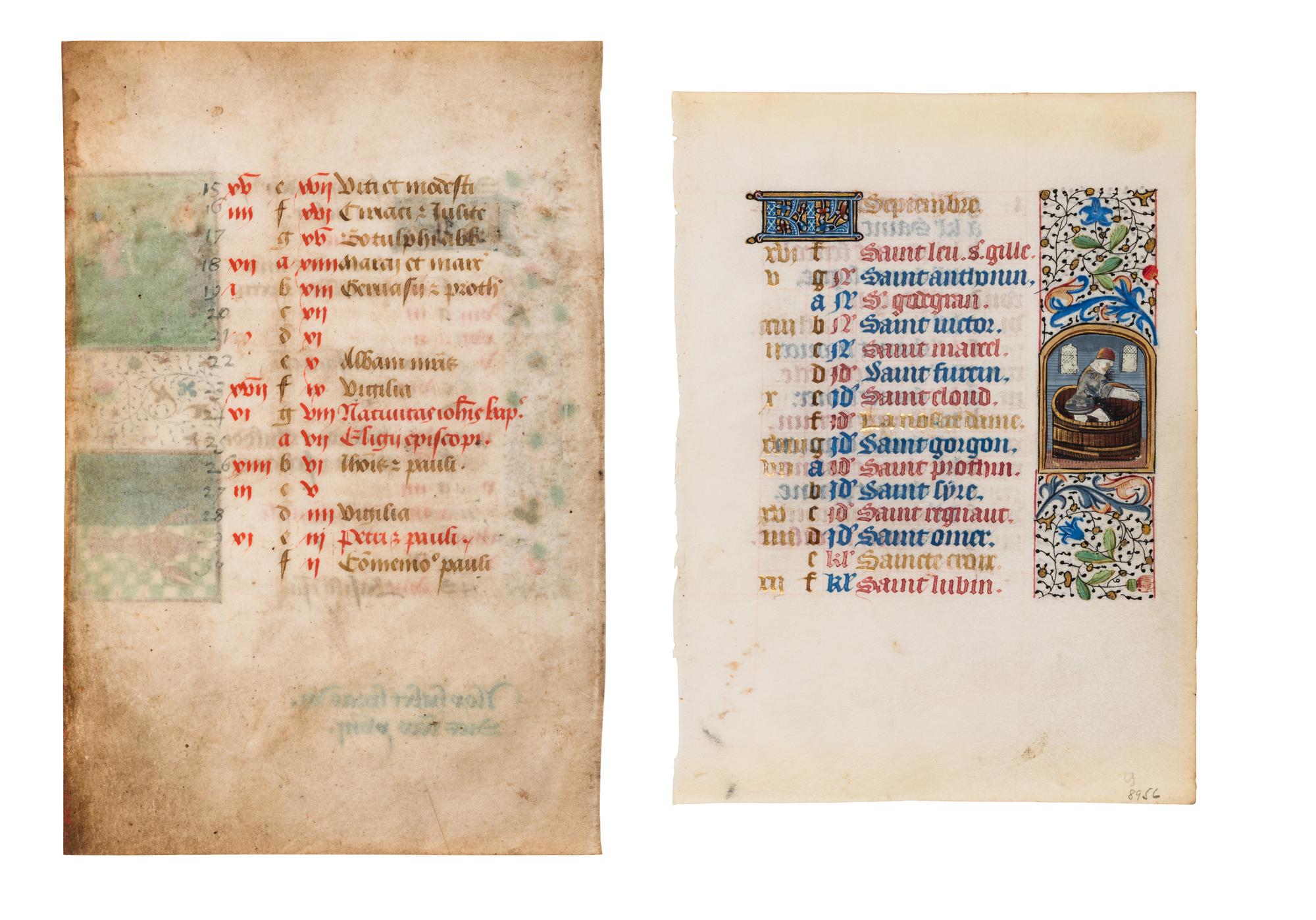 A pair of calendar leaves from the mid-fifteenth century, illuminated in Bruges and Paris with scenes of the Labors of the Month and Signs of the Zodiac.