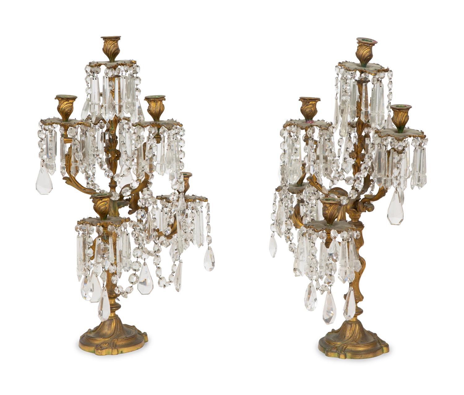 A Pair of Rococo Style Gilt Bronze and Cut Glass Swag Three-Light Candelabra — 20TH CENTURY
