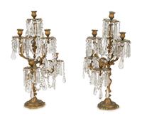 A Pair of Rococo Style Gilt Bronze and Cut Glass Swag Three-Light Candelabra — 20TH CENTURY