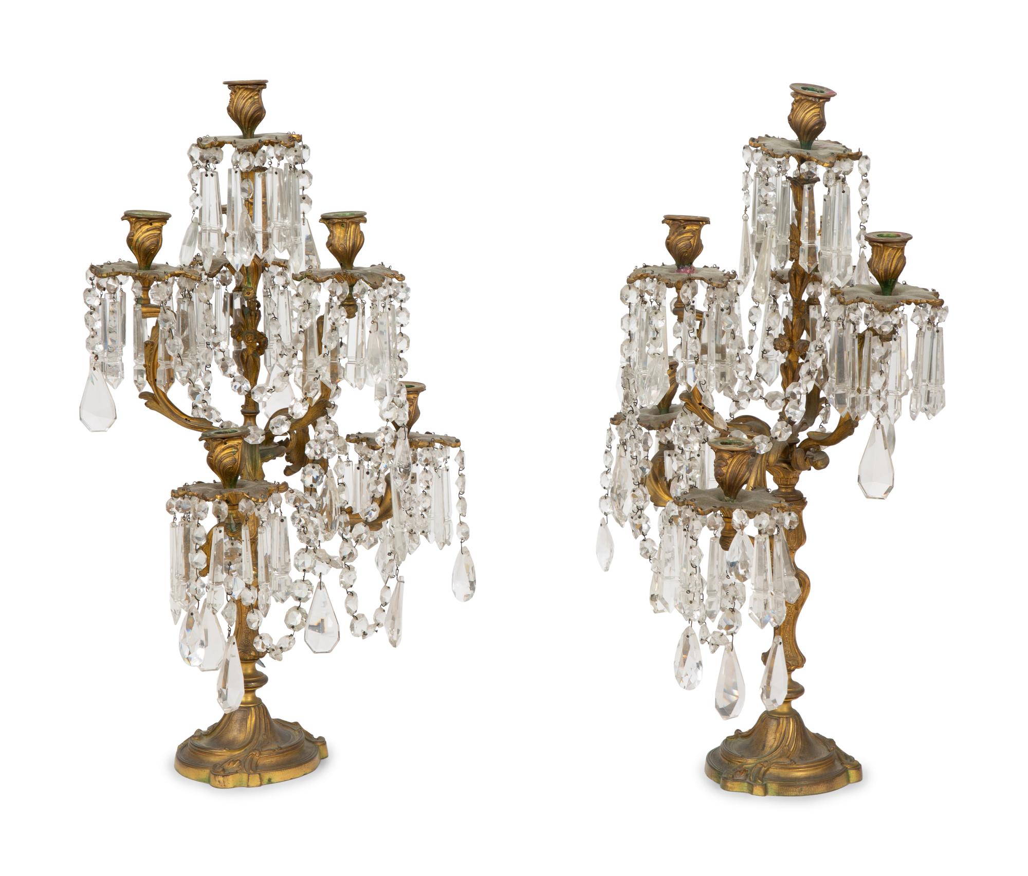 A Pair of Rococo Style Gilt Bronze and Cut Glass Swag Three-Light Candelabra — 20TH CENTURY