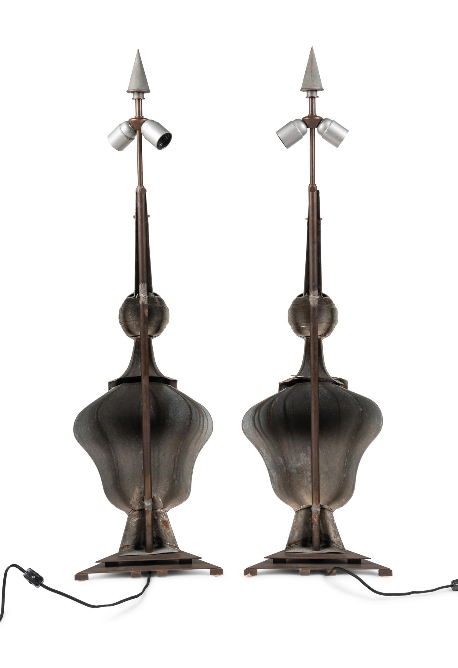 A Pair of Tôle Baluster Finials Mounted as Lamps