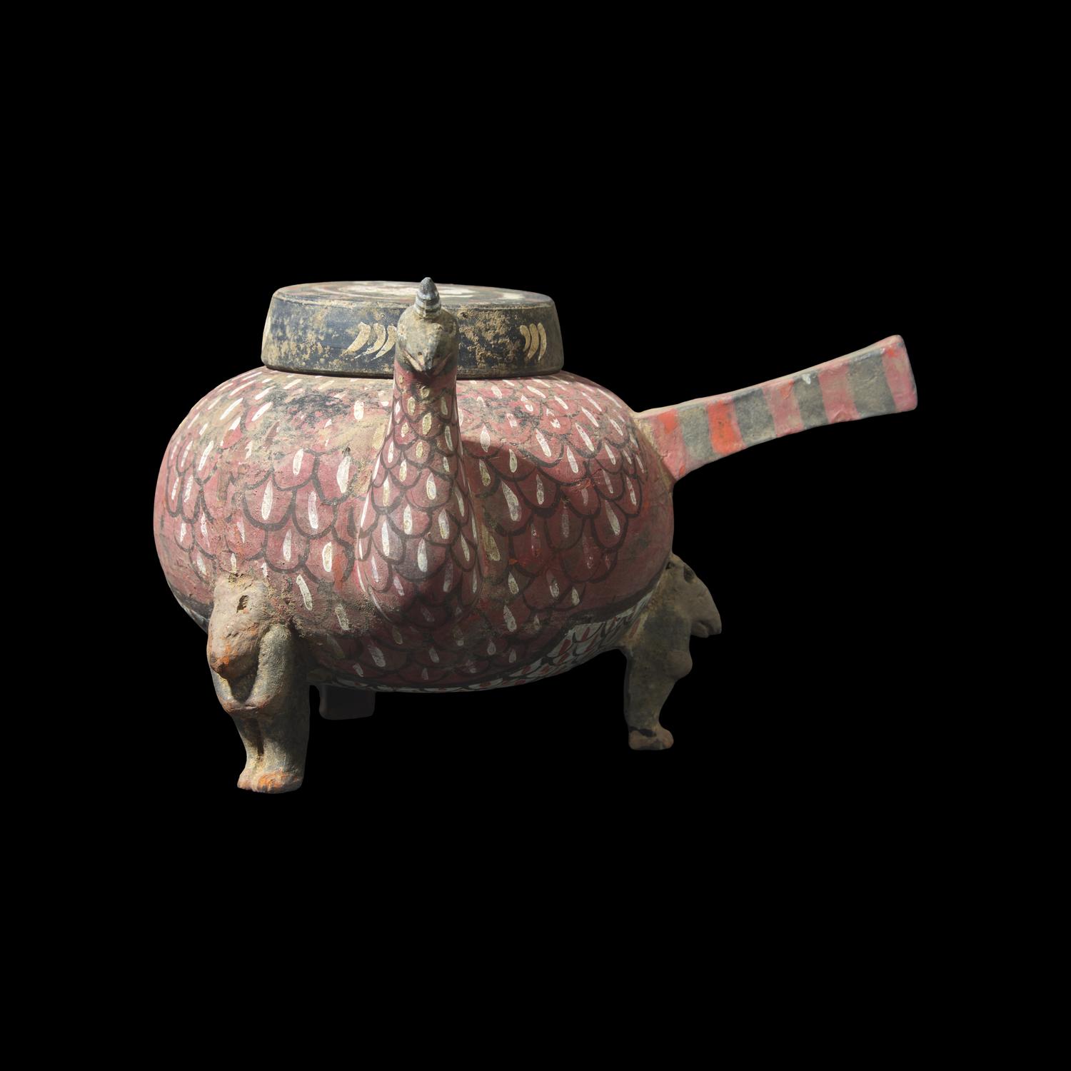 An Unusual Chinese Painted Pottery Jiaodou Vessel, Han Dynasty 漢 彩繪灰陶鐎斗