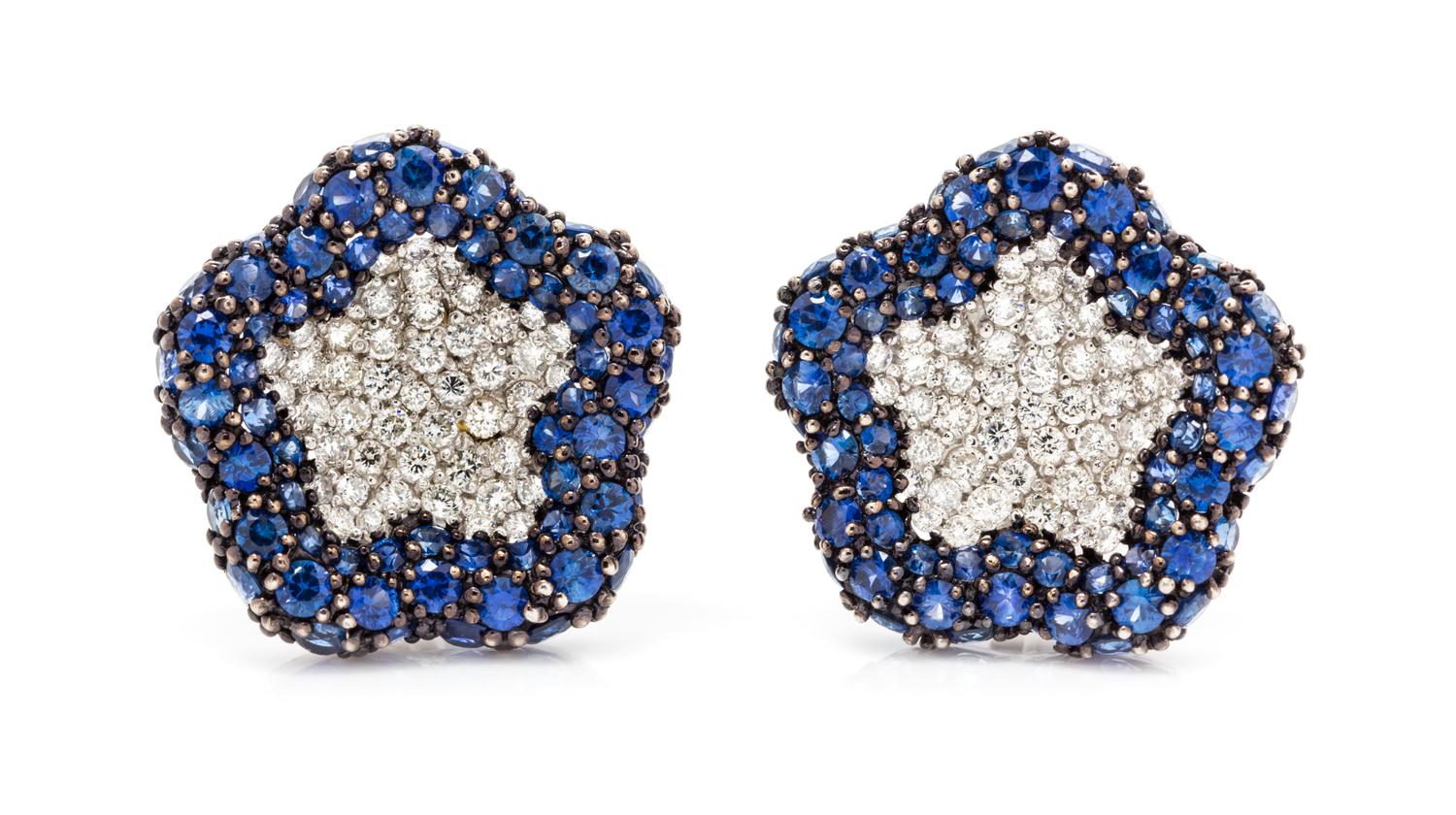 A Pair of 18 Karat White Gold, Diamond and Sapphire Earclips, 8.50 dwts.