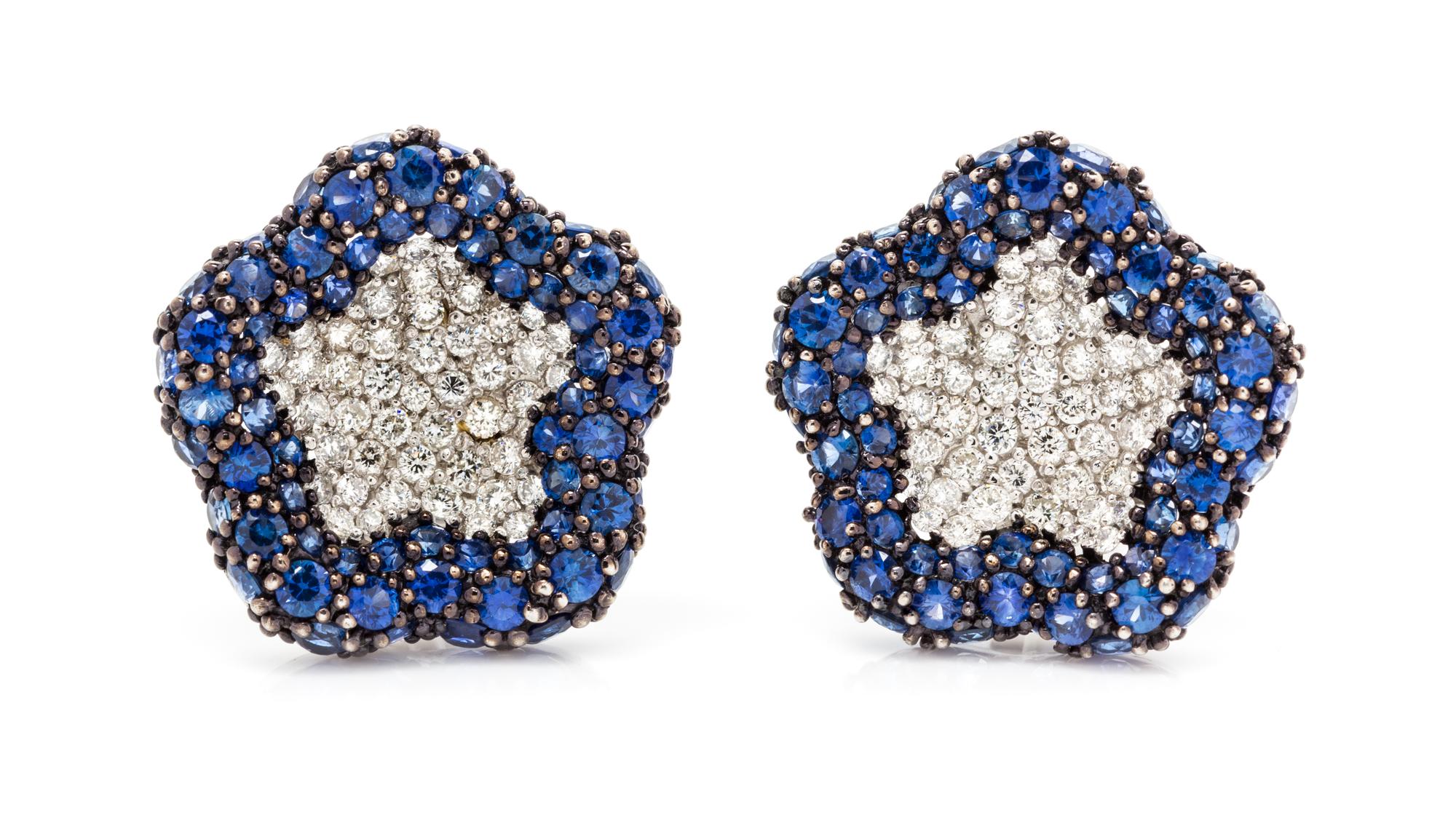 A Pair of 18 Karat White Gold, Diamond and Sapphire Earclips, 8.50 dwts.