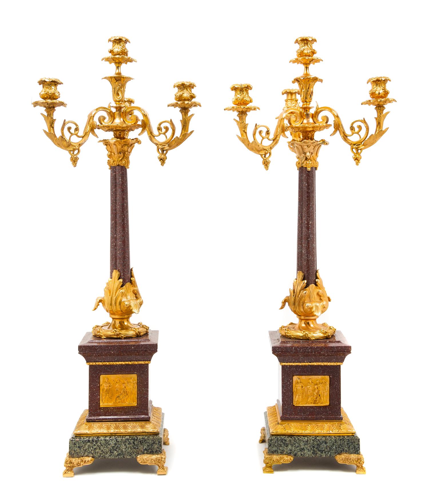 A Pair of Louis XV Style Gilt Bronze Mounted Marble Four-Light Candelabra Height 36 inches. — 20TH CENTURY