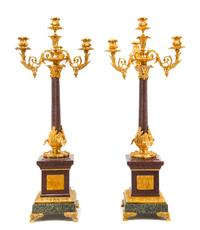 A Pair of Louis XV Style Gilt Bronze Mounted Marble Four-Light Candelabra Height 36 inches. — 20TH CENTURY