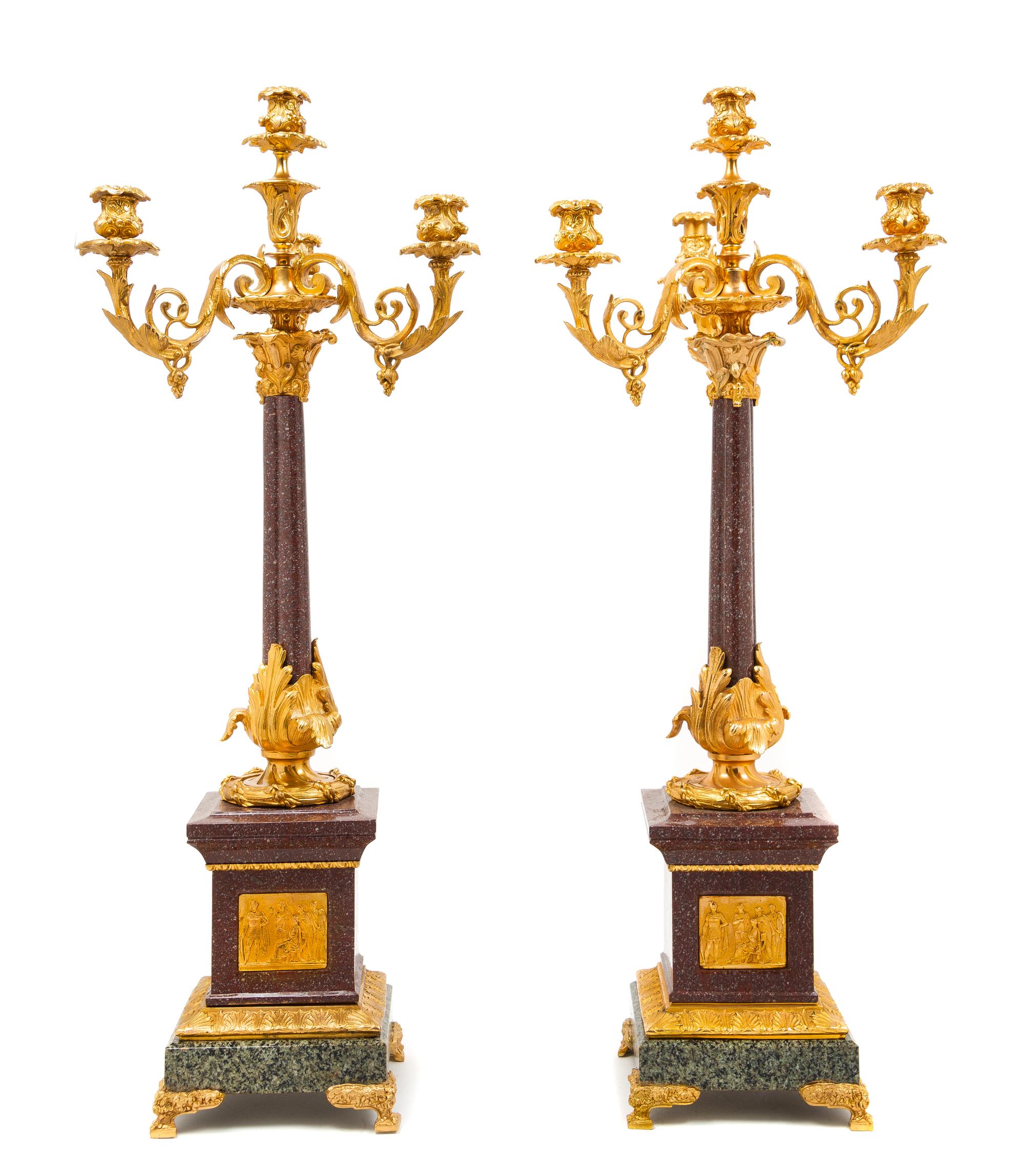 A Pair of Louis XV Style Gilt Bronze Mounted Marble Four-Light Candelabra Height 36 inches. — 20TH CENTURY