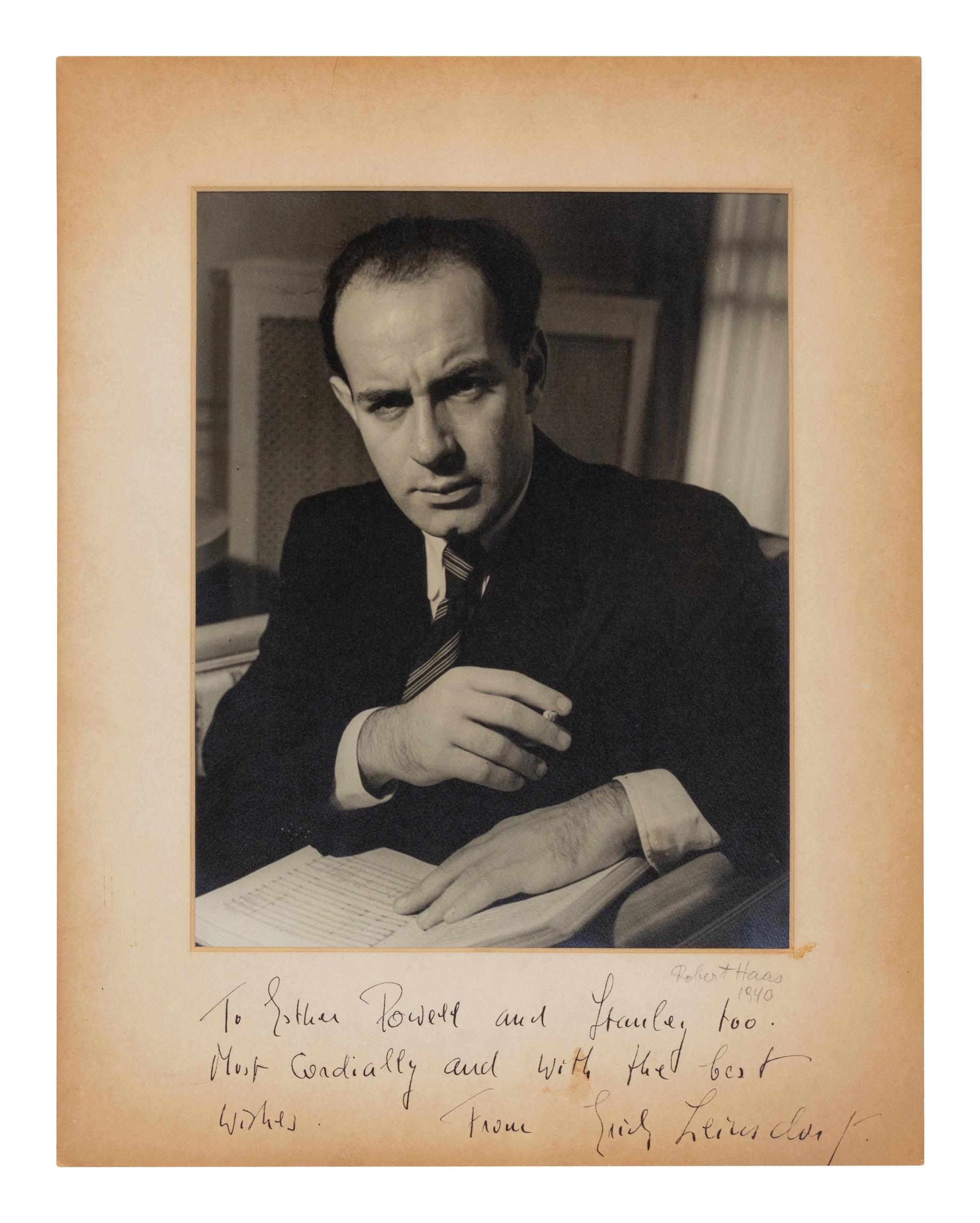 LEINSDORF, Erich (1912-1993). Black and white photographic print, signed (“Erich Leinsdorf”) and additionally inscribed in lower margin of mat to Esther Powell and Locuiley?, [ca 1940].