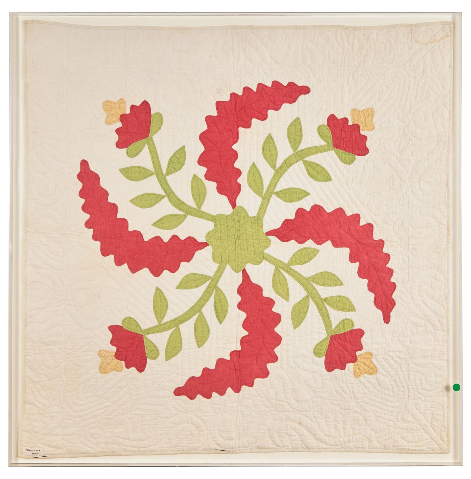 A Red and Green "Princess Feather" and Floral Applique Quilt Panel