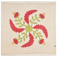 A Red and Green "Princess Feather" and Floral Applique Quilt Panel