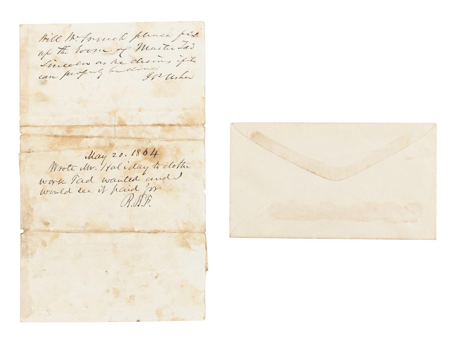 LINCOLN, Abraham (1809-1865). Autograph note initialed ("AL") as president to Mary Todd Lincoln with her autograph note signed ("Mrs Lincoln") affixed to same. Washington, D.C., [ca. 20 May] 1864.