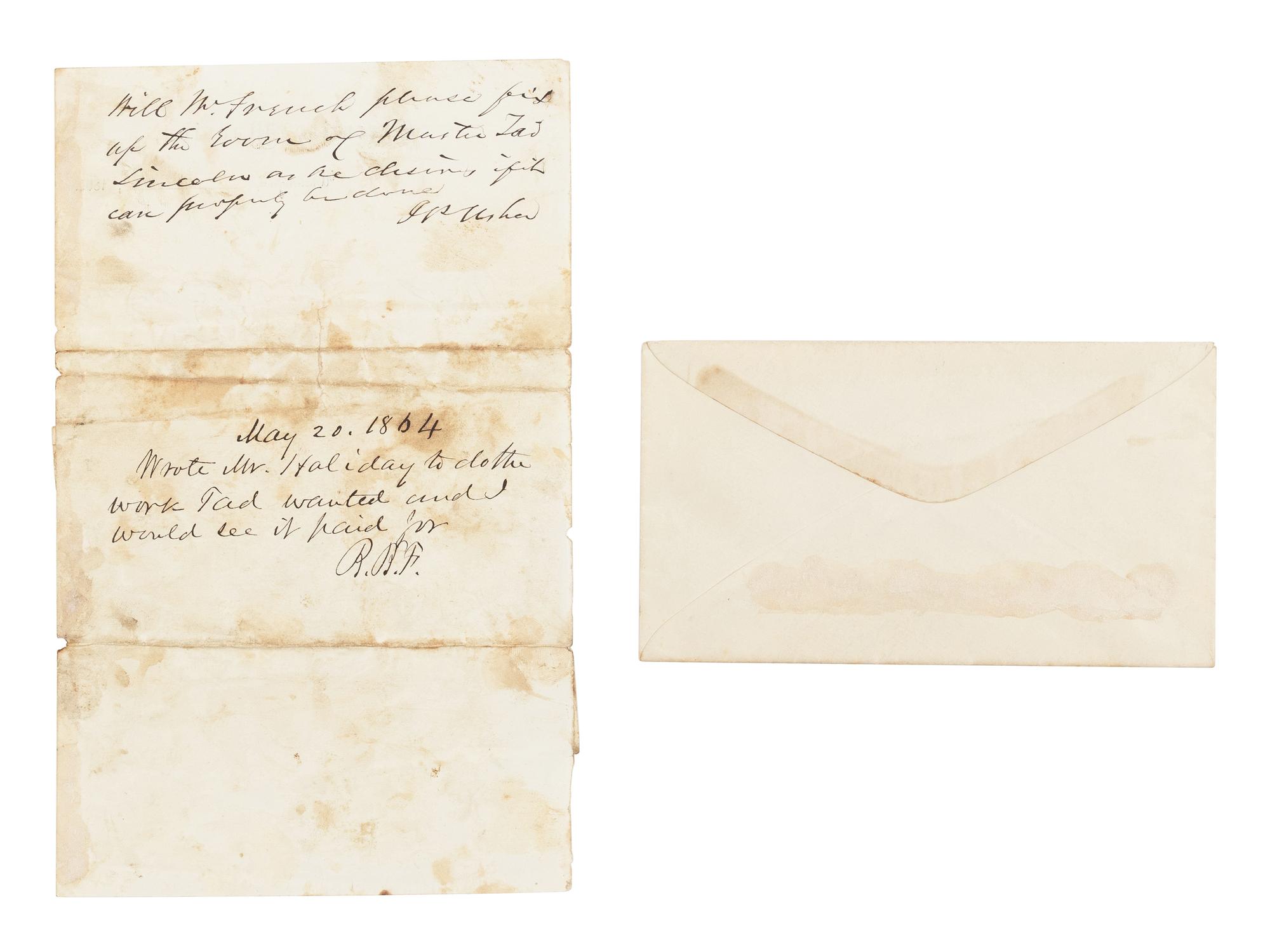 LINCOLN, Abraham (1809-1865). Autograph note initialed ("AL") as president to Mary Todd Lincoln with her autograph note signed ("Mrs Lincoln") affixed to same. Washington, D.C., [ca. 20 May] 1864.