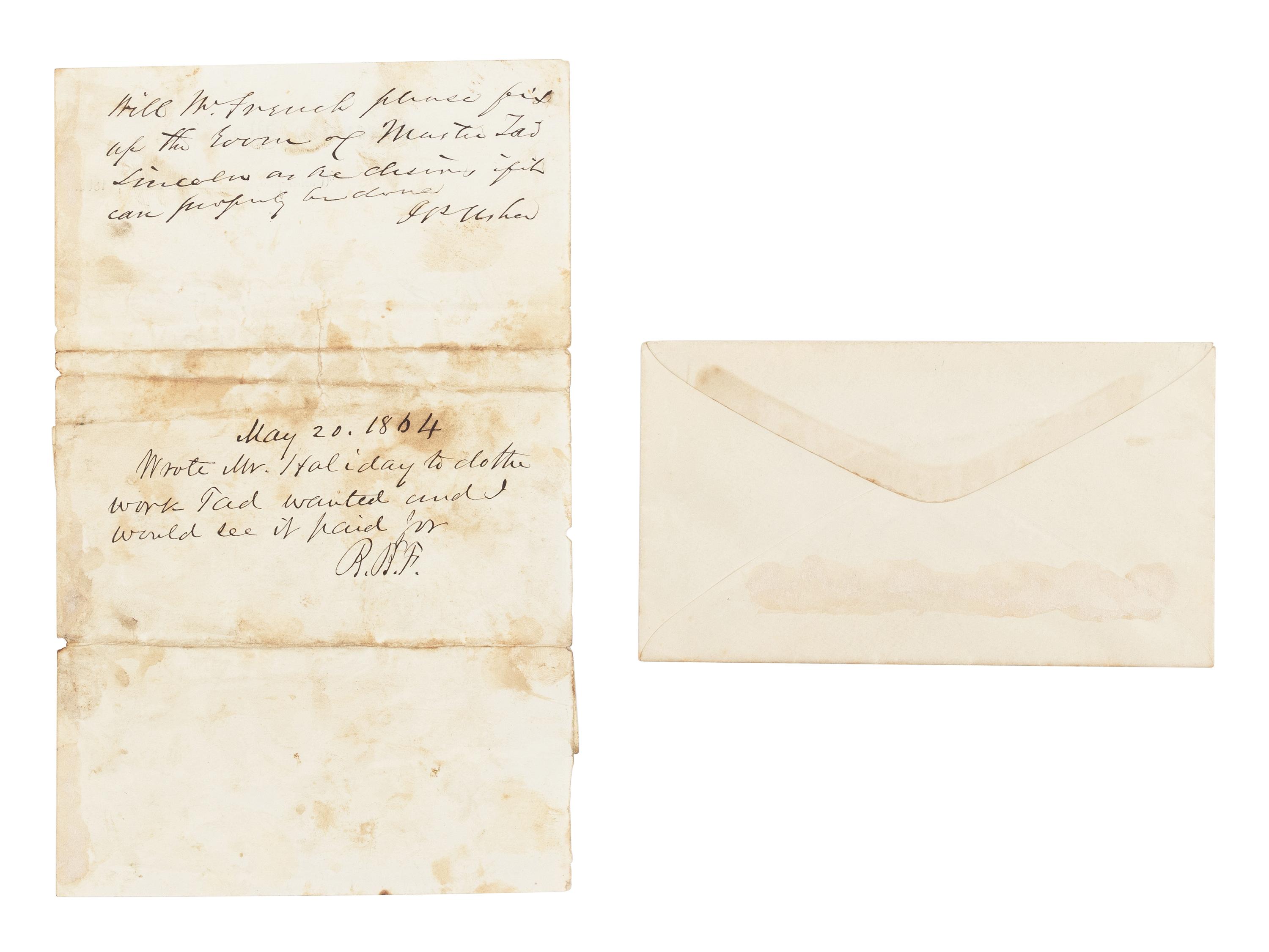 LINCOLN, Abraham (1809-1865). Autograph note initialed ("AL") as president to Mary Todd Lincoln with her autograph note signed ("Mrs Lincoln") affixed to same. Washington, D.C., [ca. 20 May] 1864.