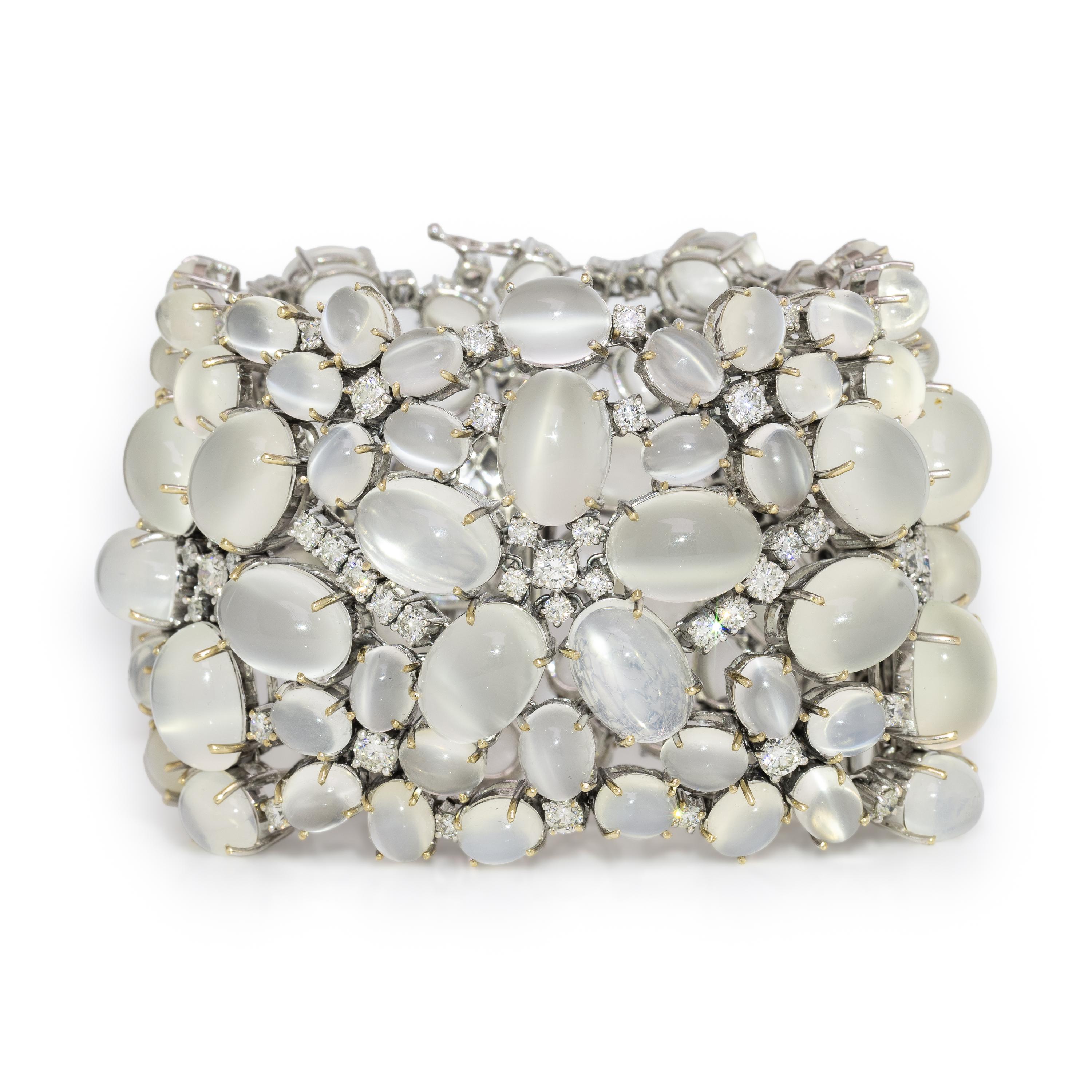 Moonstone, Diamond, and White Gold Bracelet
